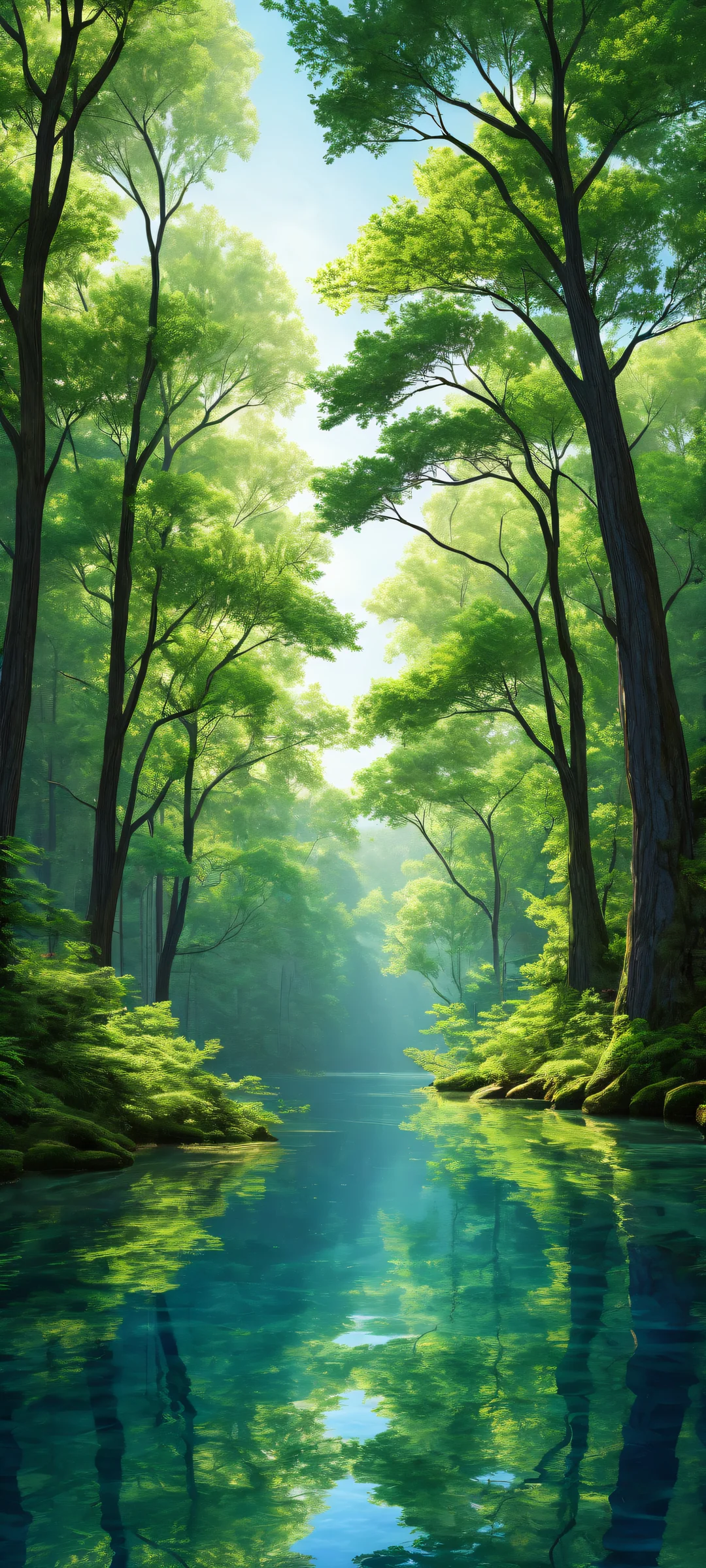 Beautiful iPhone/Android wallpaper featuring a serene landscape with a tranquil forest and a vast empty top half.