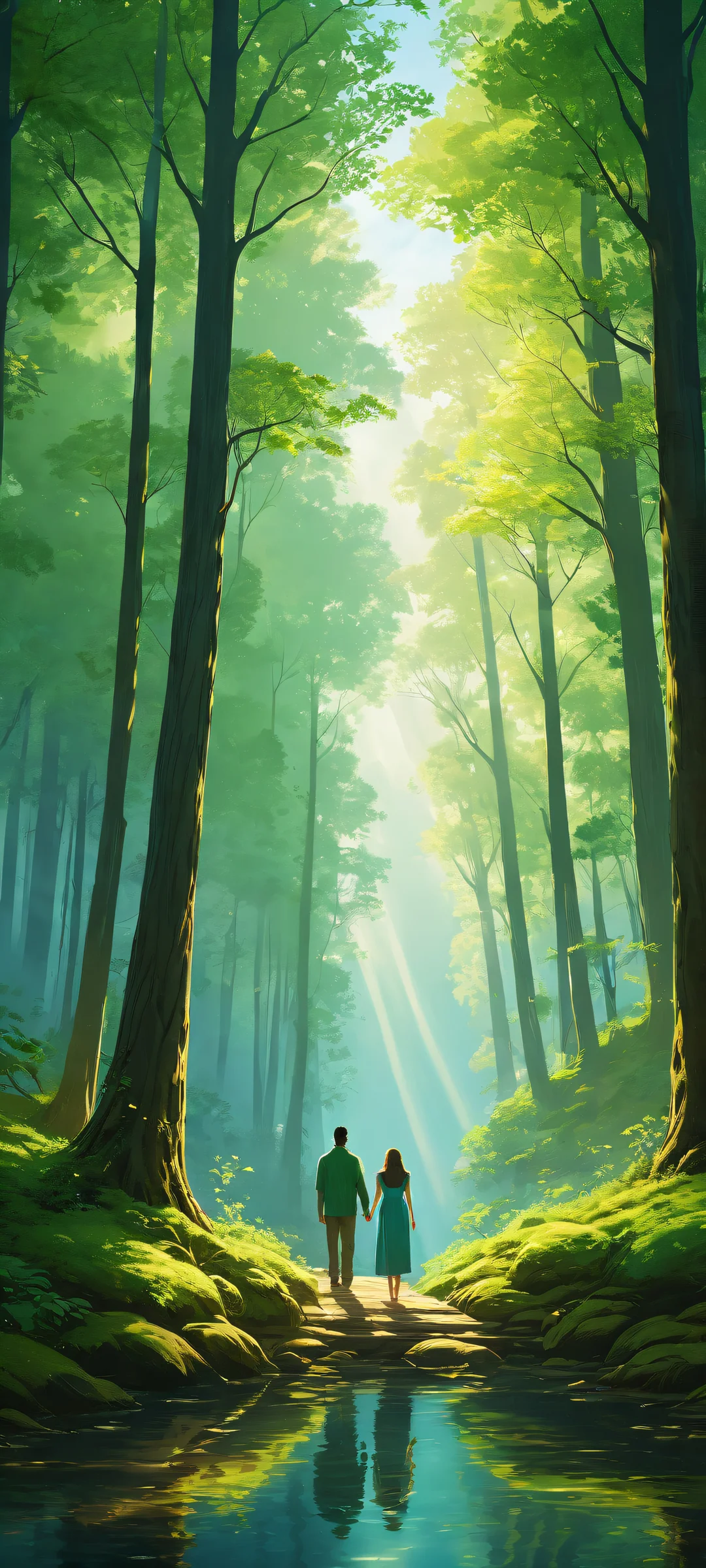 A serene landscape with a loving couple on an iPhone or Android device