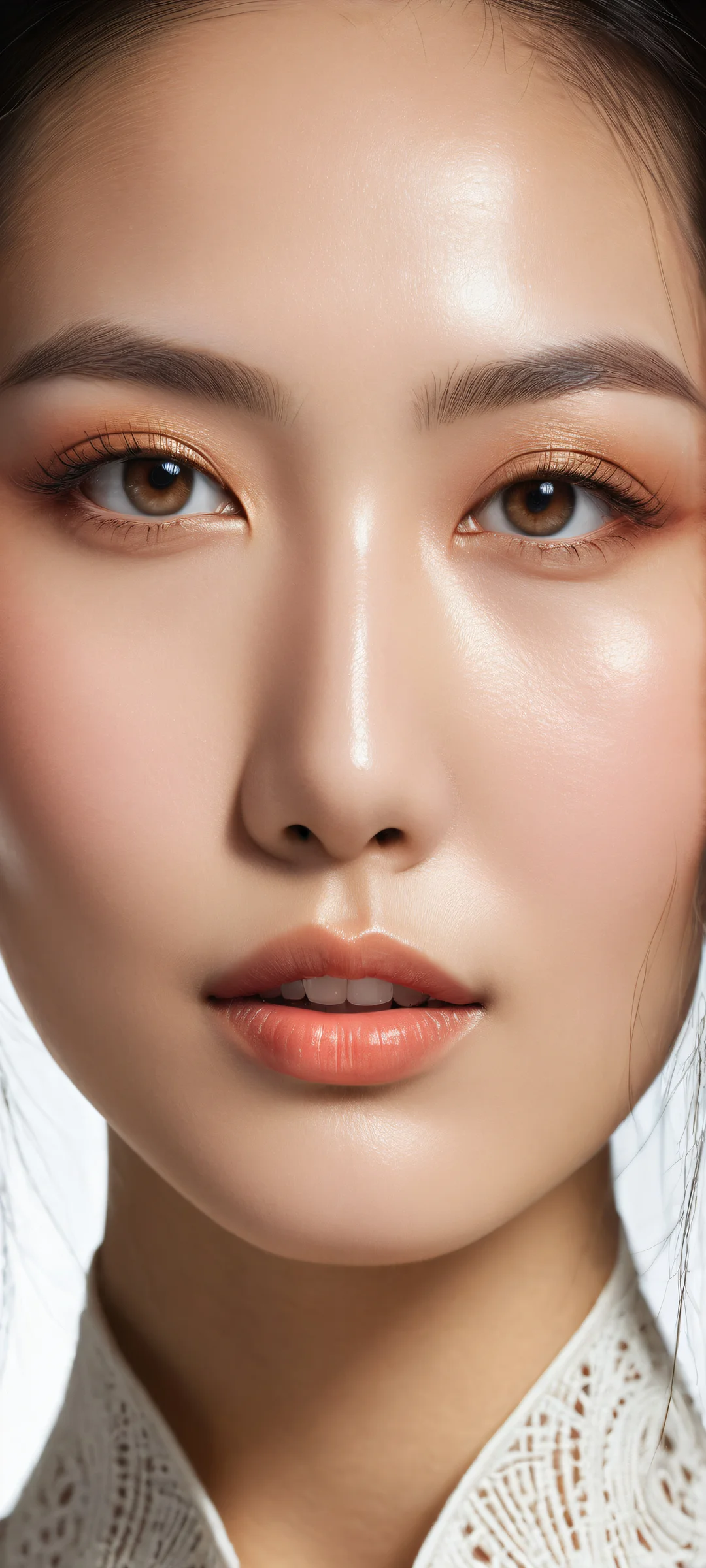 A stunning portrait of an Asian woman's face on a clean and empty background with subtle, blurry details. Perfect for iPhone/Android home screens.