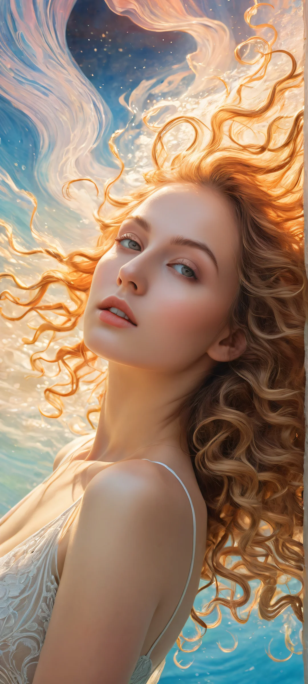 A lone female figure with flowing long hair on an iPhone or Android device. Perfectly clean top half for UI and a whimsical floating environment.
