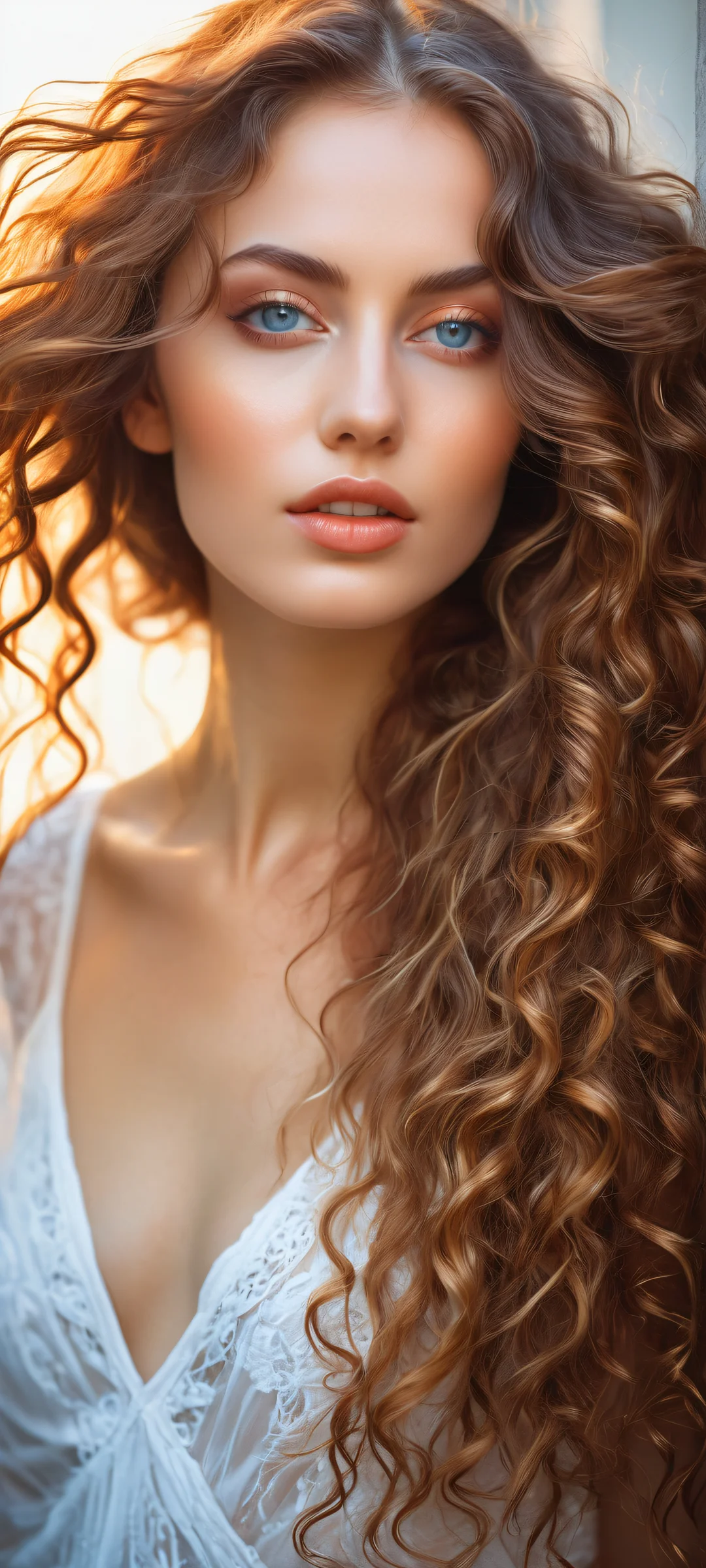 A stunning young woman with flowing hair gazing directly at the viewer on an iPhone or Android home screen.