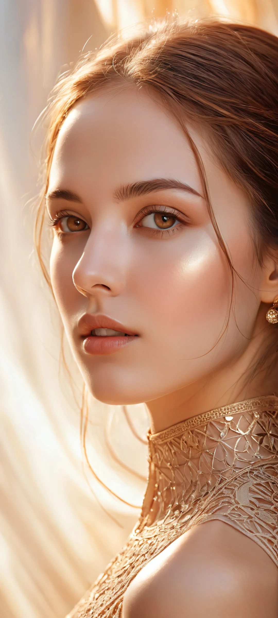 A beautiful young woman with brown hair, perfectly centered on a clean and empty top half, surrounded by intricate patterns and textures. Ideal for iPhone and Android home screens.