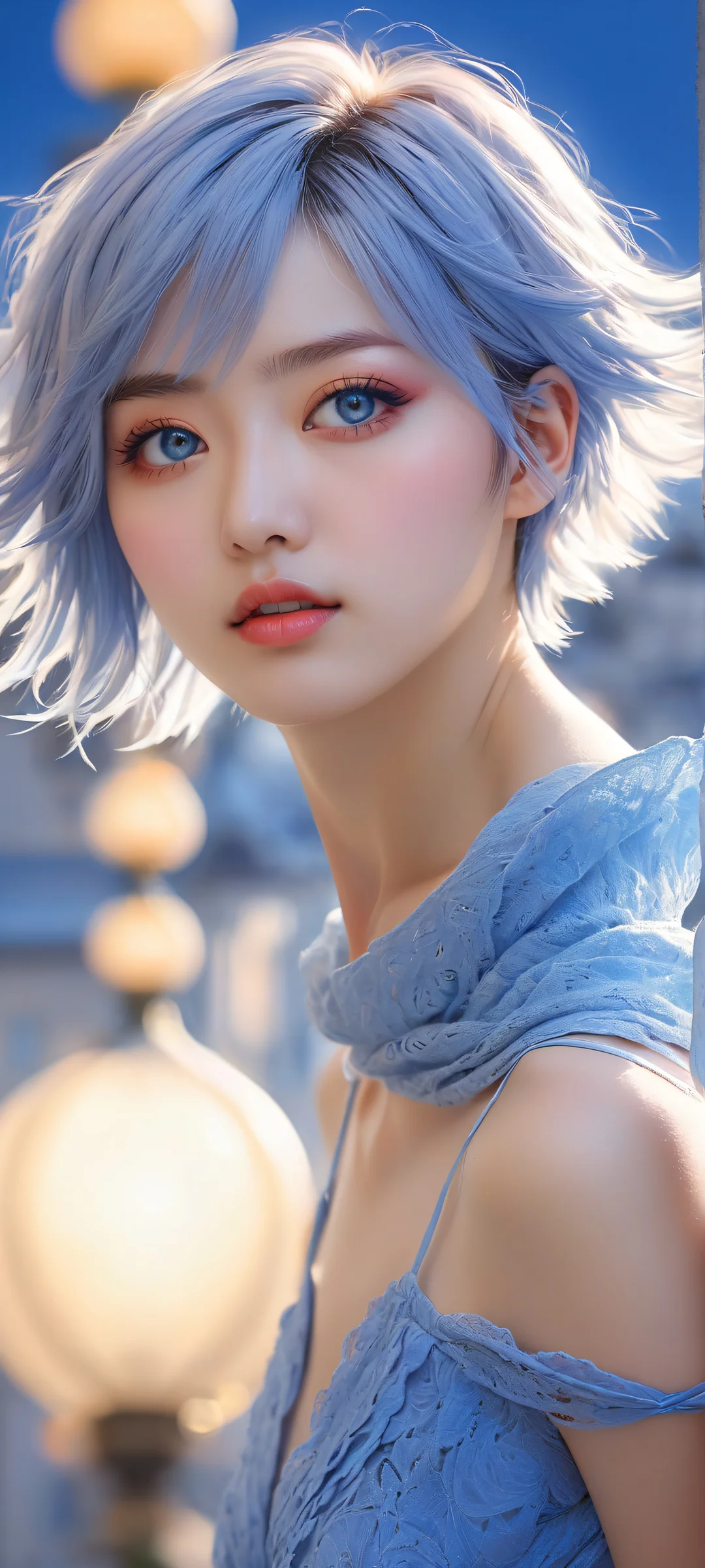 A breathtaking portrait of Nazuna Nanakusa on iPhone/Android, featuring stunning blue tones and soft pastel accents.