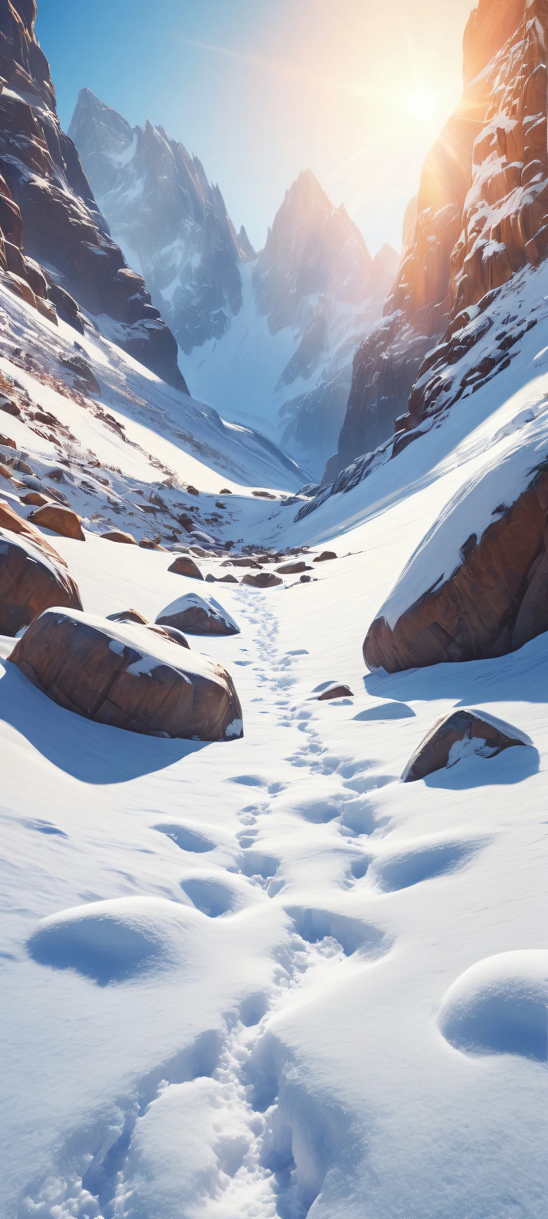 A stunning snowy planet landscape on iPhone/Android with intricate details and perfect UI integration.