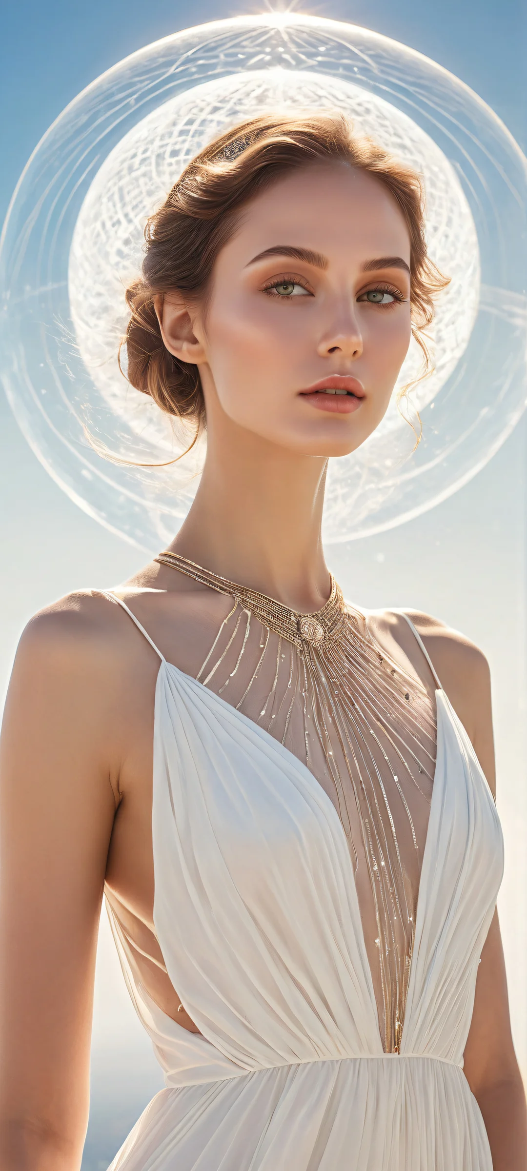 A stunning portrait of a woman in white, showcased on an iPhone or Android device with radiant ethereal lighting and perfect composition.