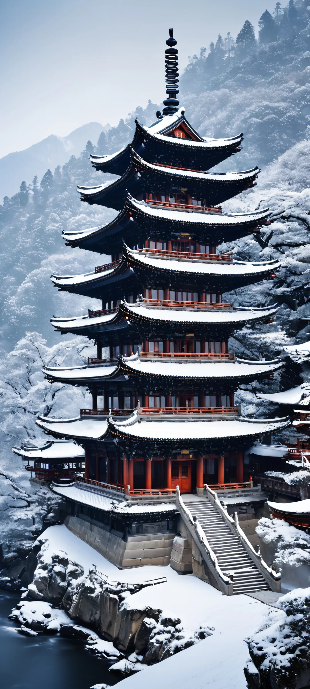 A serene Taoist temple on a iPhone/Android background with majestic mountains and snow-capped peaks, perfect for dark mode aesthetic.