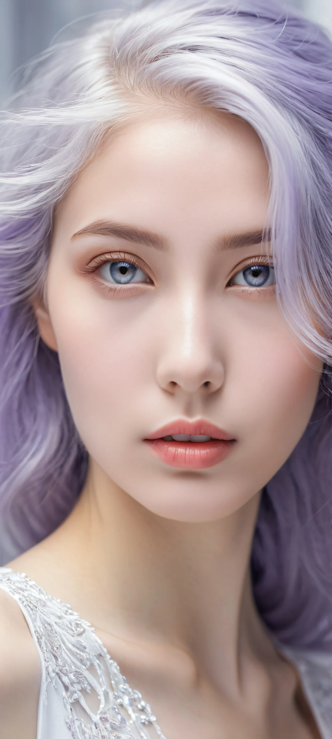 A young girl with stunning two-tone hair and radiant features on a calming gradient background for iPhone/Android devices.