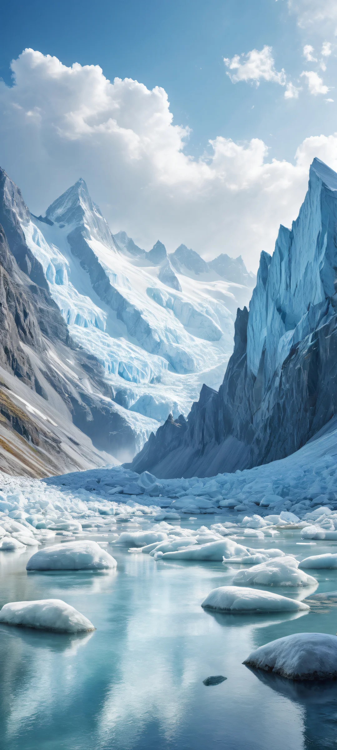 Breathtaking vertical portrait artwork of glaciers on iPhone/Android. Perfectly clean and empty top half with vast pure void, gradually transitioning to a serene prairie landscape.