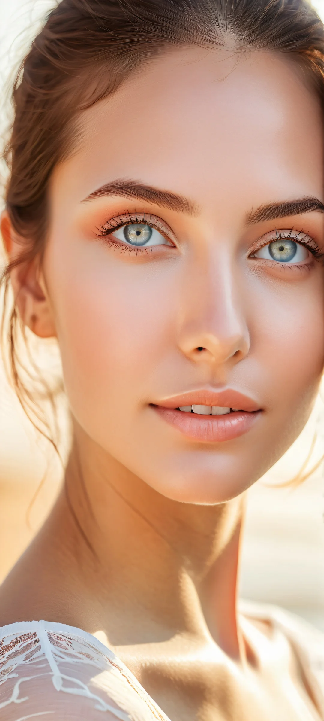 Beautiful portrait of a woman with iPhone/Android-compatible wallpaper, featuring intricate micro-details and serene background