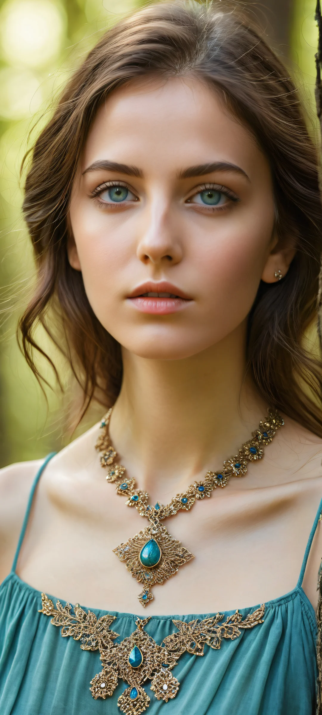 A beautiful portrait of a girl with intricate details on her necklace and nostrils against a serene forest landscape, perfectly optimized for iPhone/Android home screens.