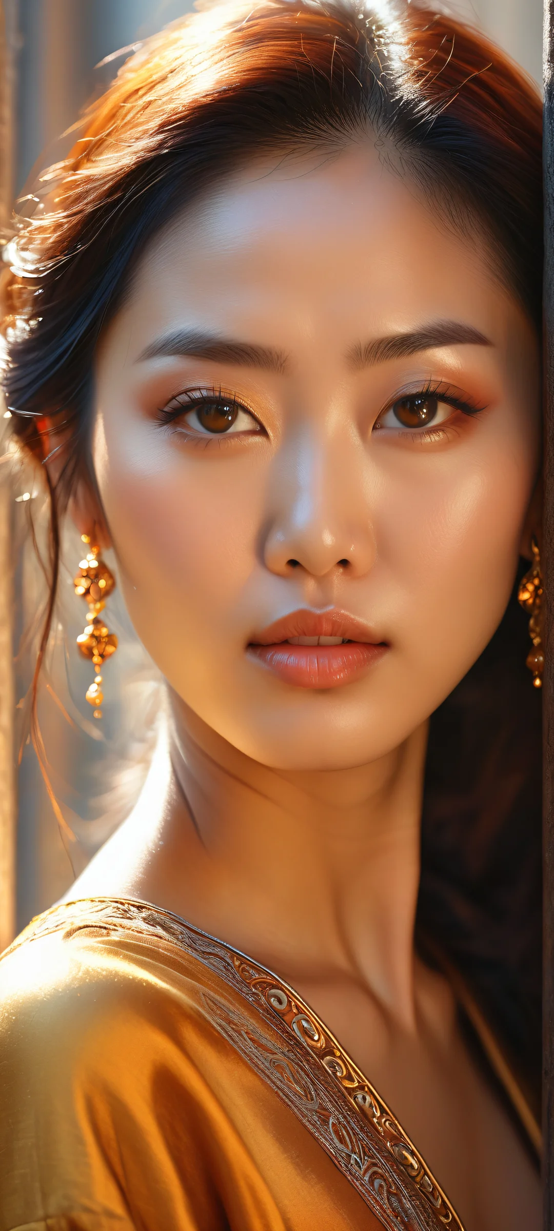 A beautiful Asian woman amidst intricate iron railing and textures, perfectly optimized for iPhone/Android home screens.