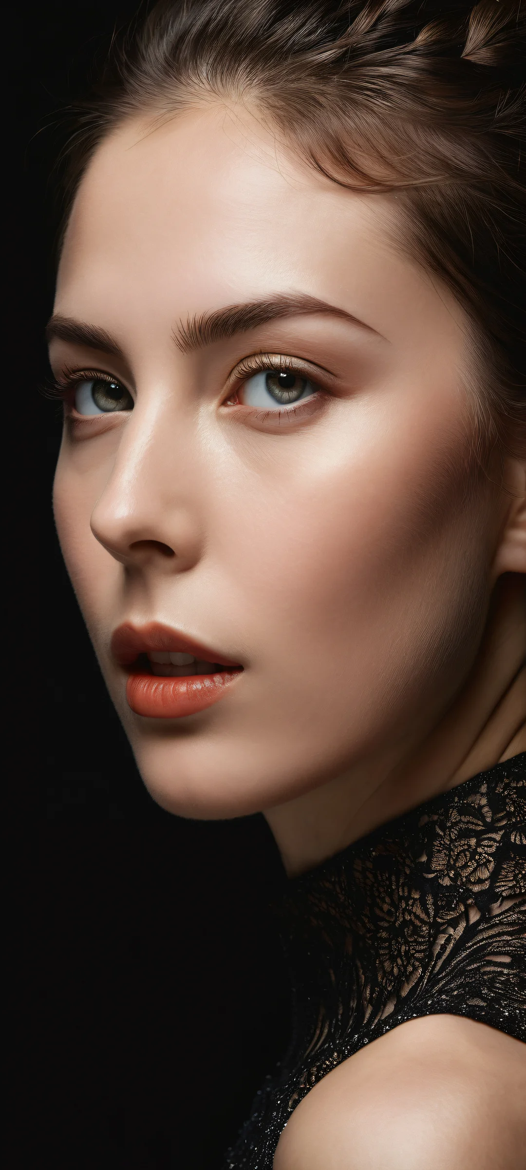 iPhone- und Android-Benutzercreen for iOS iPhone and Android users, discover the breathtaking portrait artwork of a young woman against a vast pure void. Perfect for your mobile home screen!