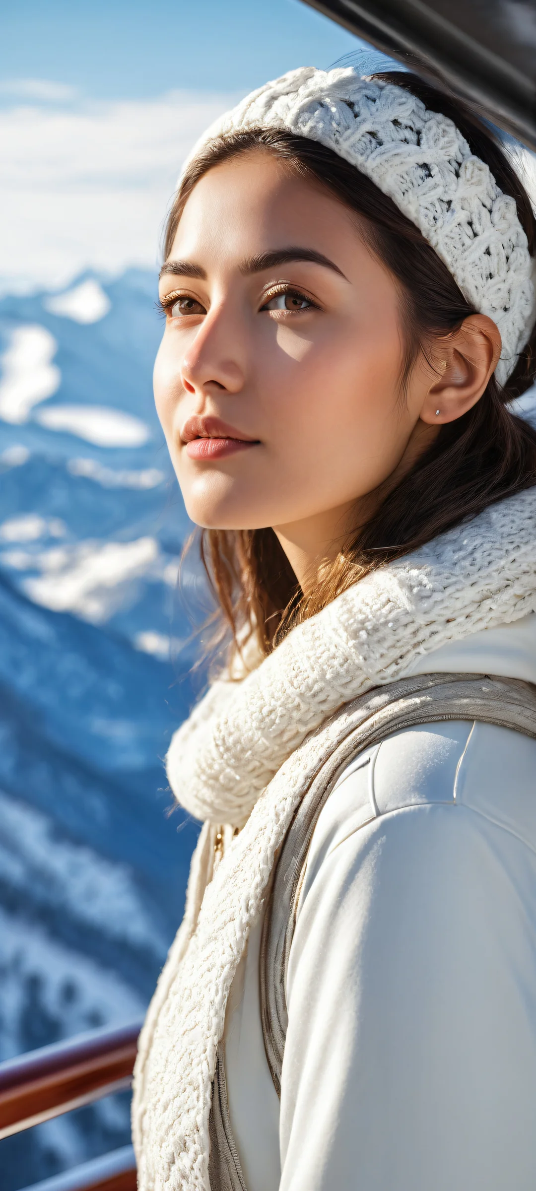 A young woman in a snowy mountain scenery, perfect for iPhone/Android home screens.