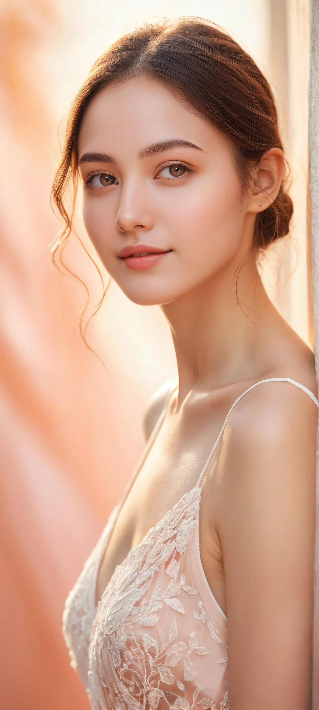 A serene portrait of a young woman on iPhone/Android, with intricate micro-details and soft pastel hues.