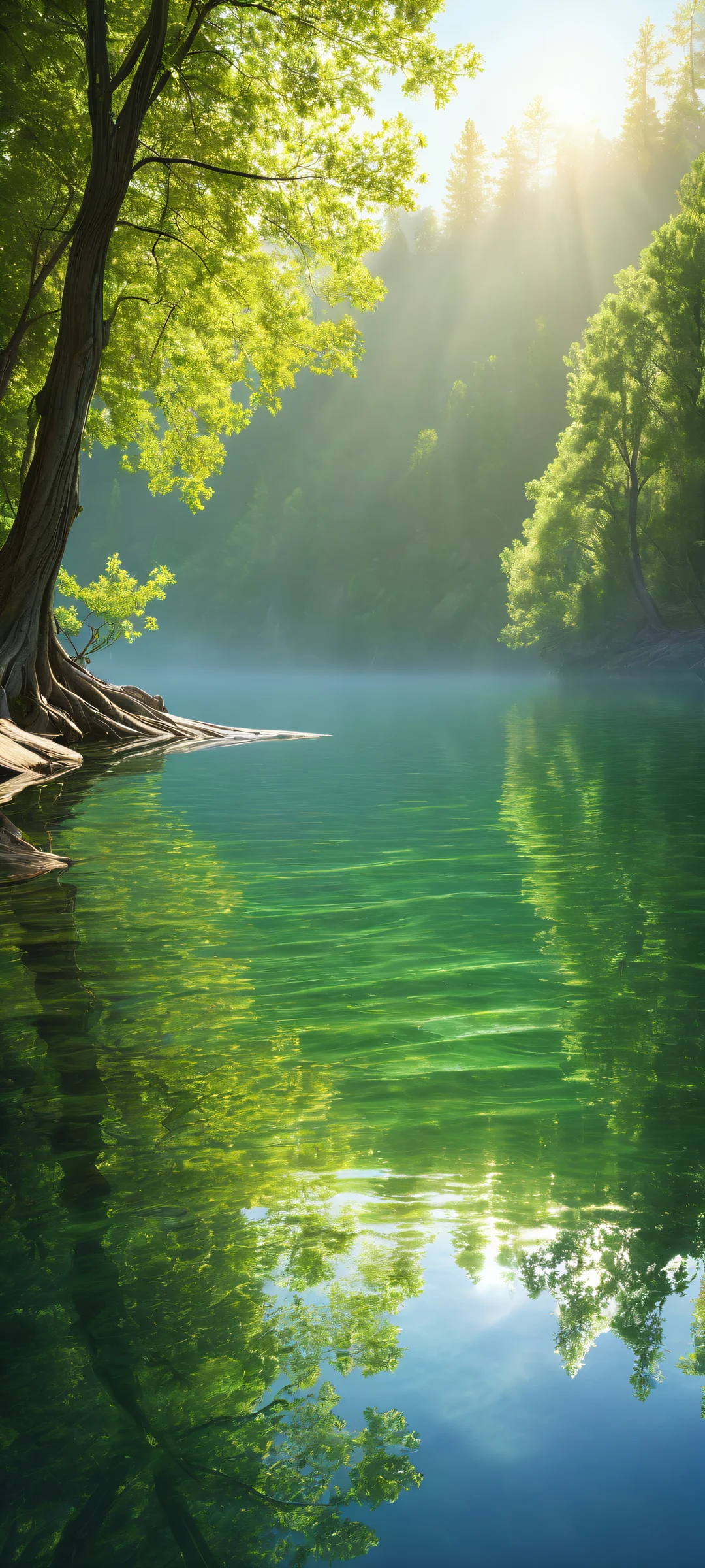A breathtaking vertical portrait artwork of Trees on a serene landscape with iPhone/Android UI widgets.