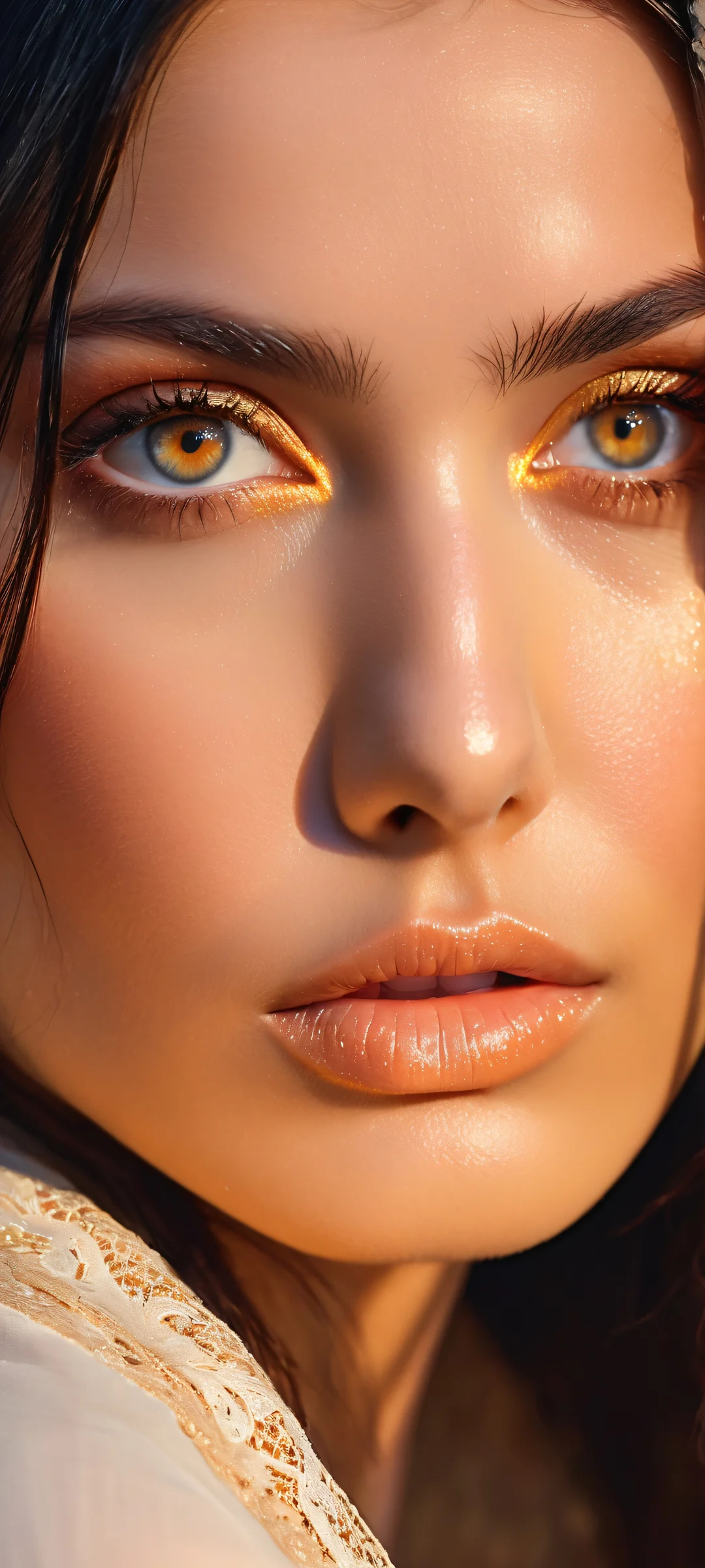 A stunning portrait of a woman against an infinite blue horizon on iPhone/Android. Award-winning digital art with radiant colors and ray-traced reflections.