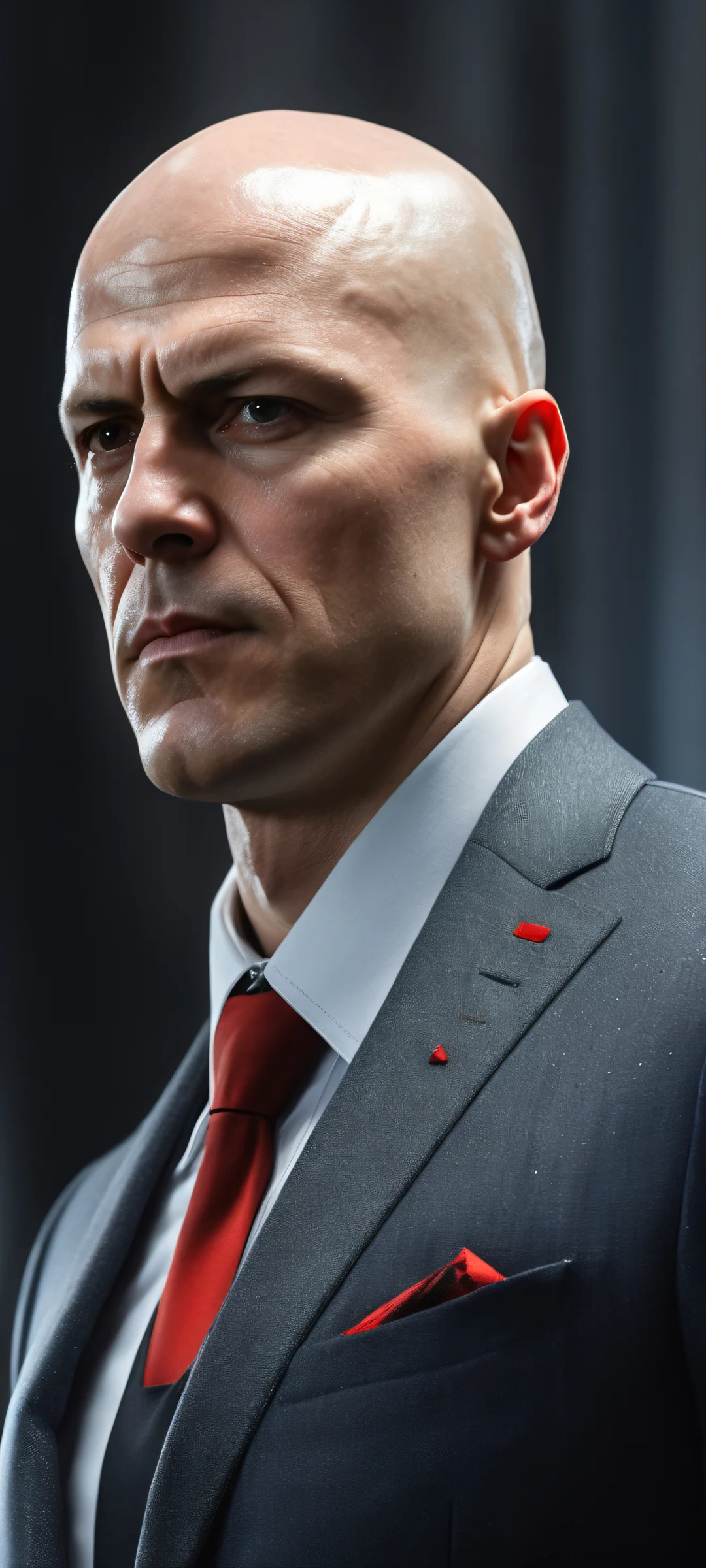 Agent 47 in a stunning vertical portrait on iPhone/Android, showcasing intricate suit details and a vast void perfect for UI integration.