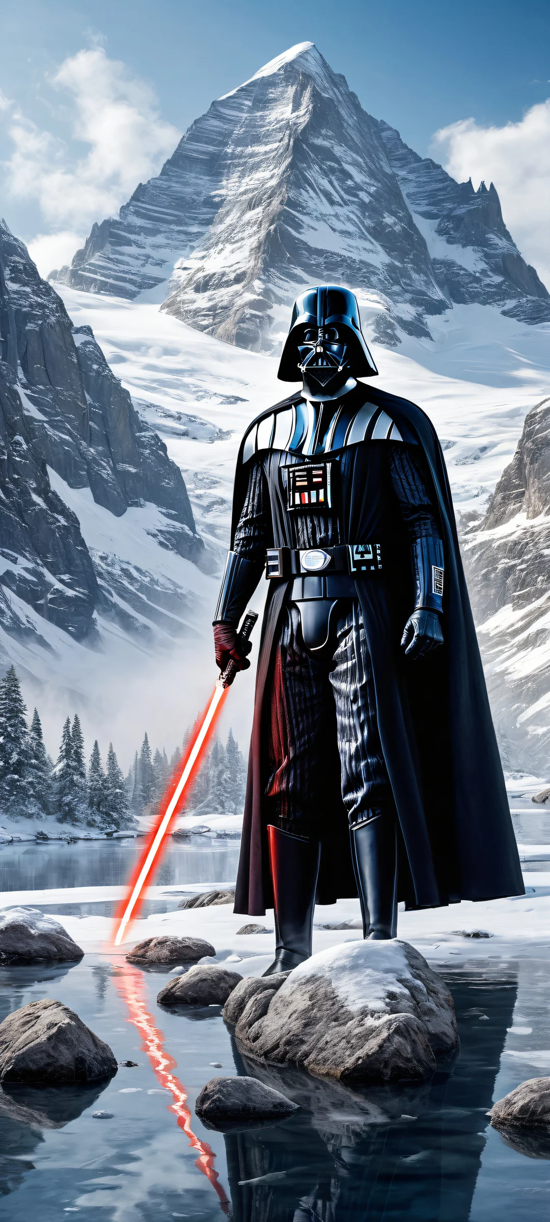 Darth Vader in a winter wonderland - iPhone/Android mobile wallpaper with intricate details and ethereal lighting.