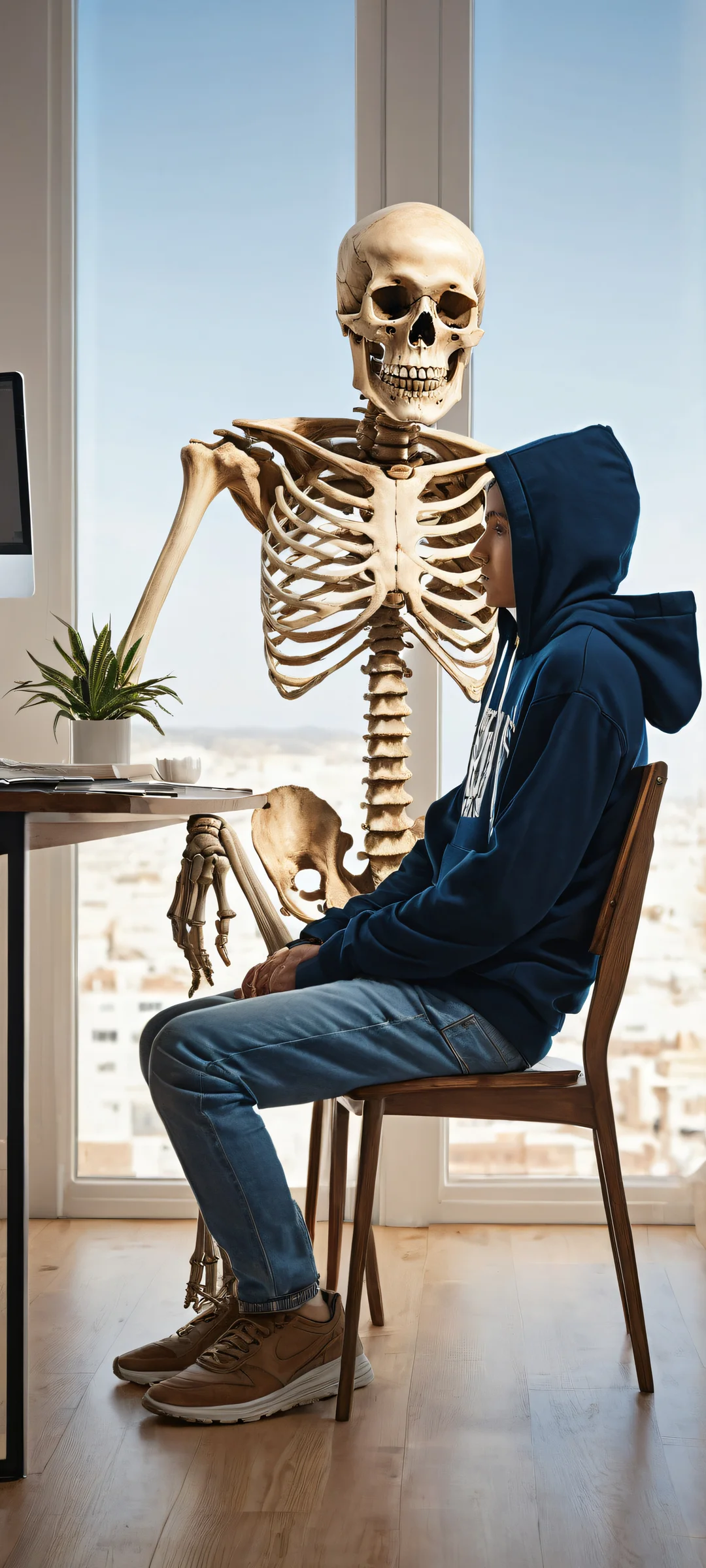 An ancient skeleton sitting at a desk with an old computer displaying 'No results found' on iPhone/Android, surrounded by cobwebs and void.