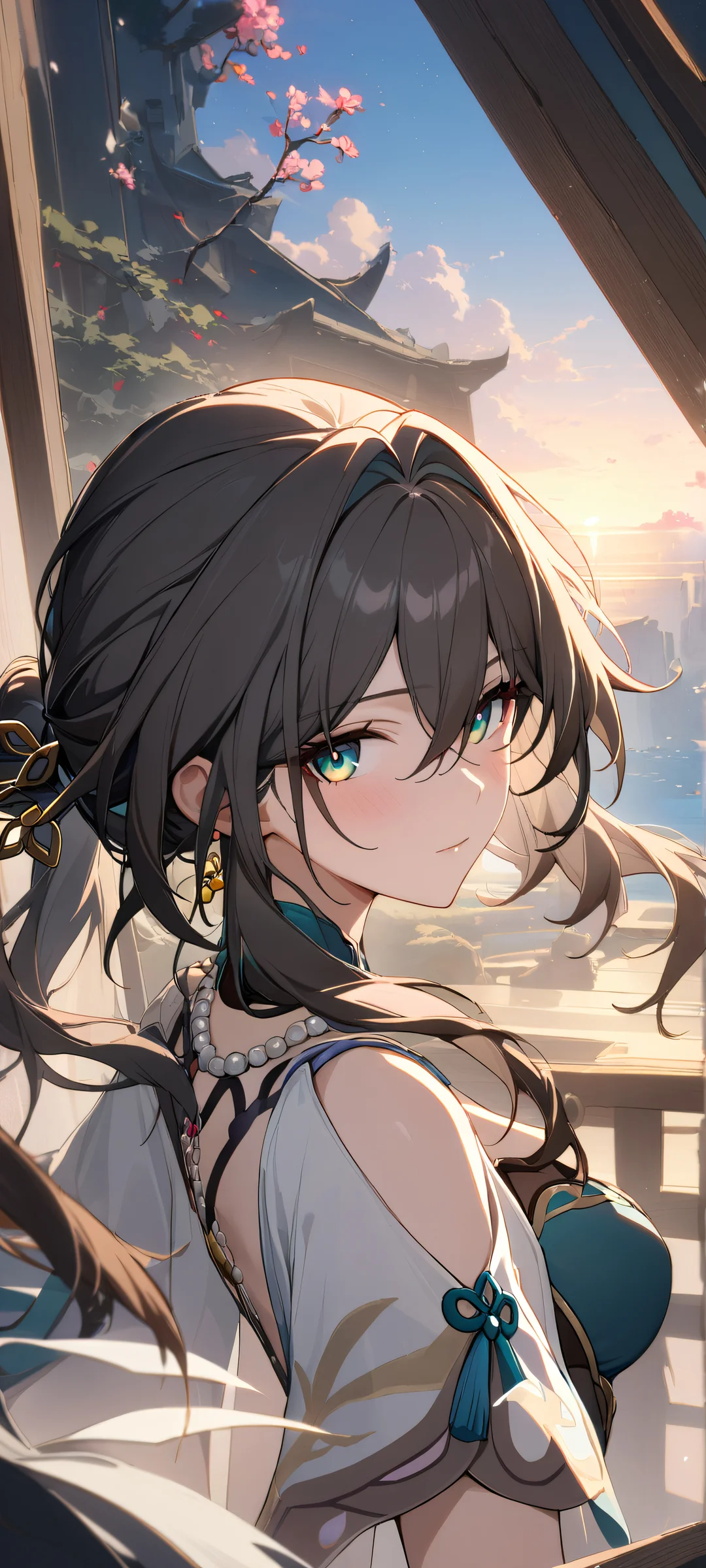 Beautiful Ruan Mei from Honkai Star Rail gazing at the viewer with a serene expression, perfectly centered in a vast pure void against a bright and airy sky, iPhone/Androidのホーム画面に最適.