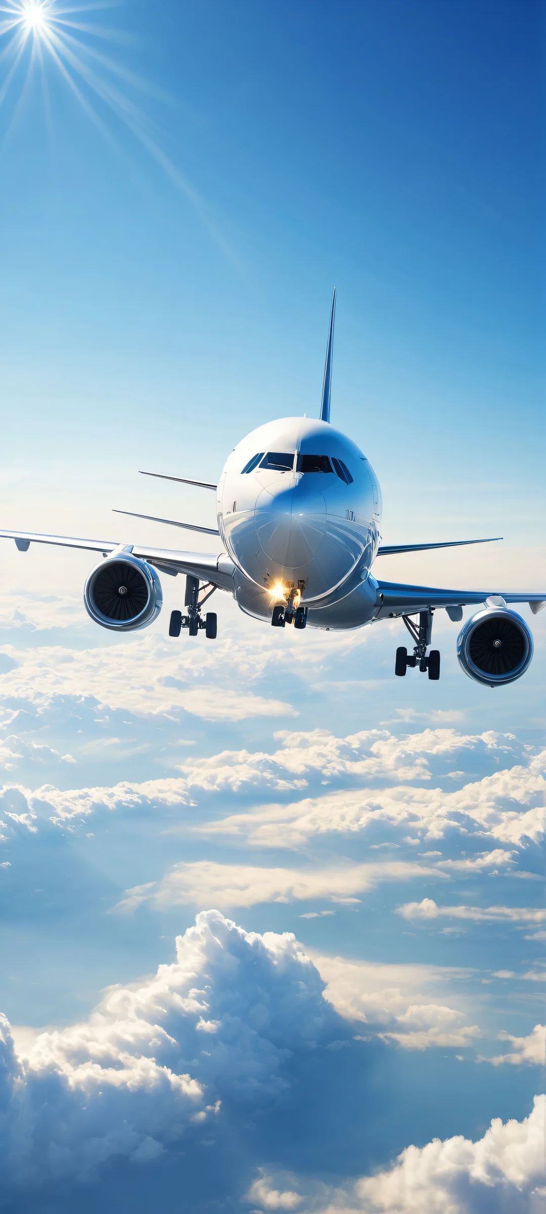 Airplane in the lower-middle with micro-details, against a pure blue sky - Perfekt für iPhone- und Android-Startbildschirme.