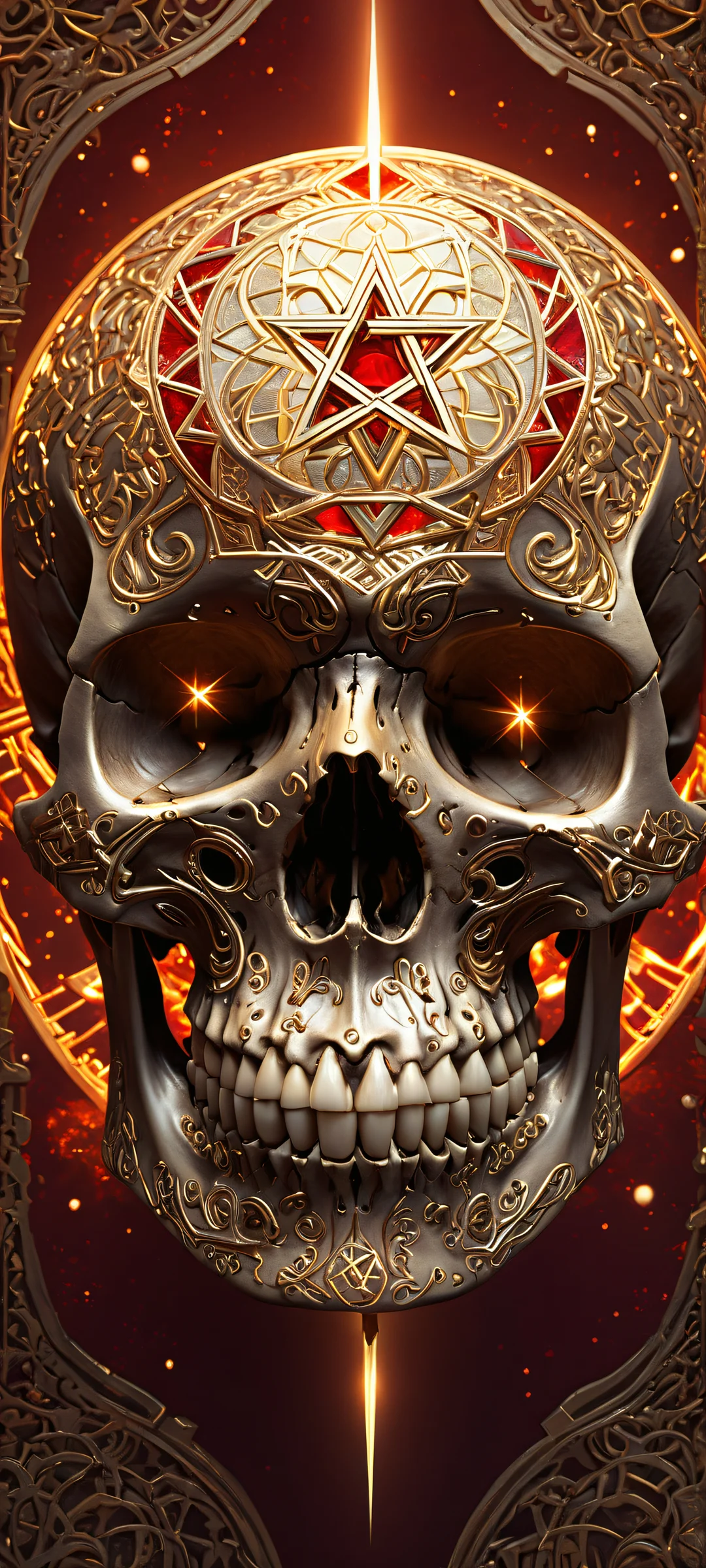 Breathtaking digital artwork of a skull placed in the lower-middle with intricate micro-details, perfectly clean and empty top half against an ethereal background, inspired by Alkhemia's mystical symbols. Suitable for iPhone/Android home screens.