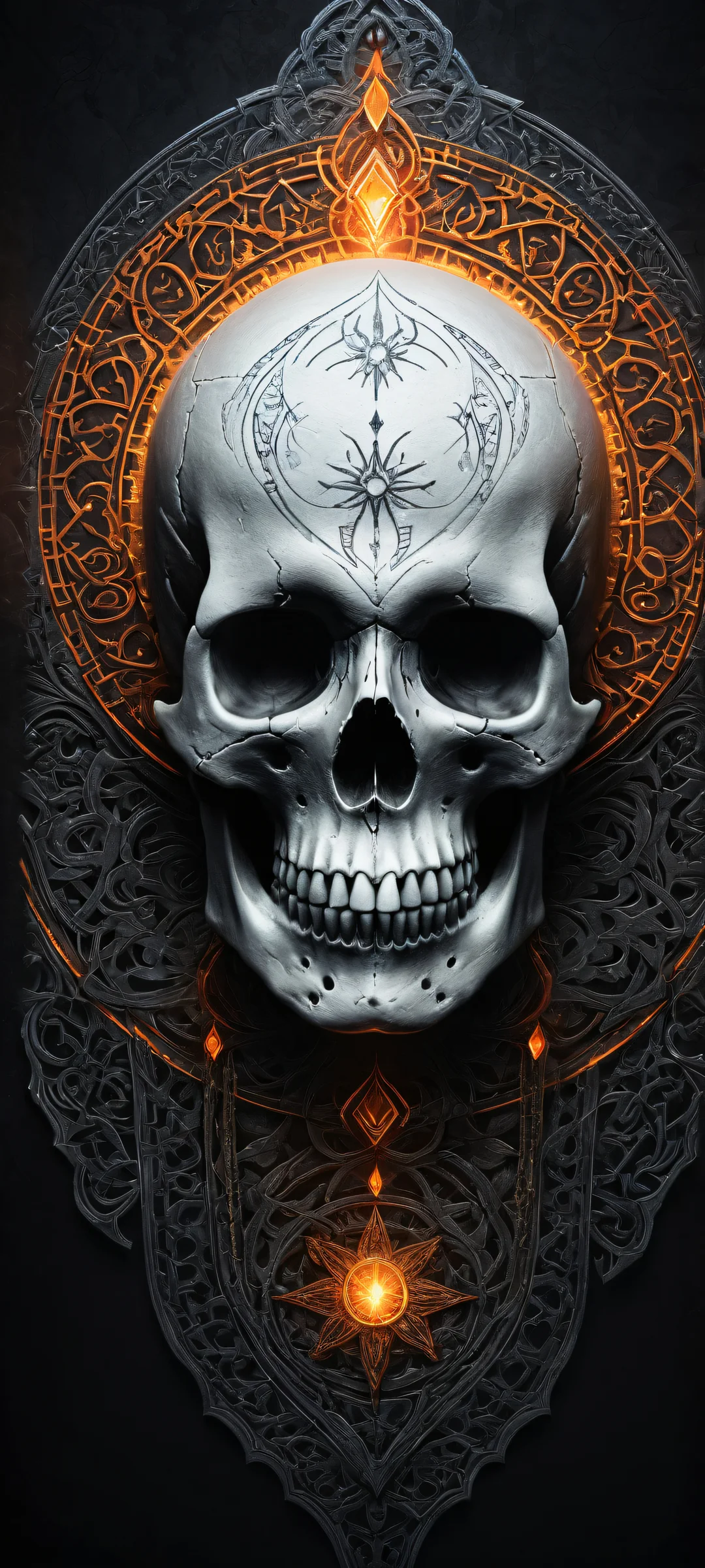 Breathtaking iPhone/Android wallpaper featuring a stunning skull portrait with glowing sigils and mystical symbols, perfect for your phone's home screen.