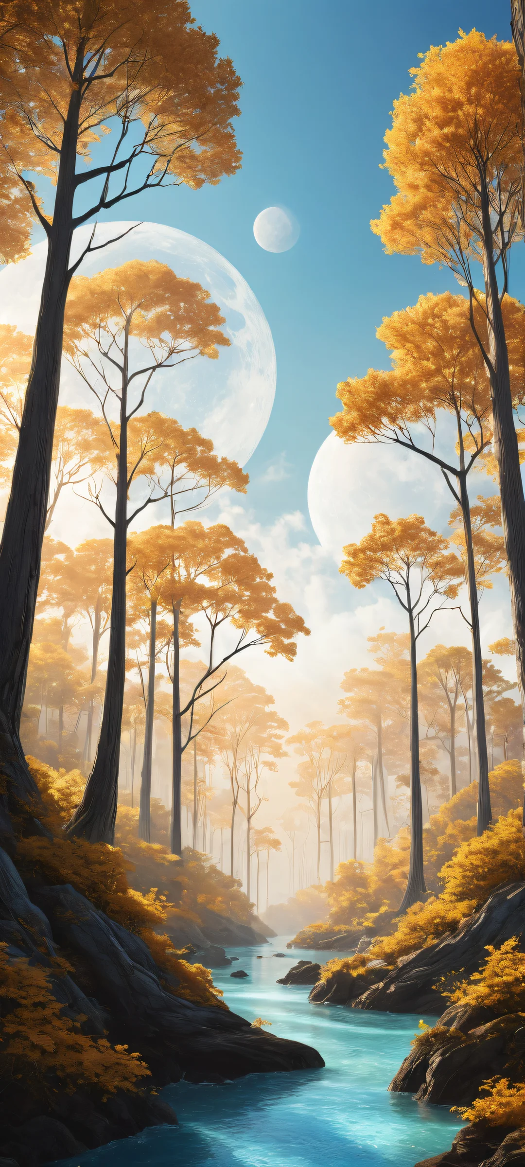 A stunning iPhone/Android wallpaper featuring ethereal sky guardians amidst mystical trees and glowing orbs, perfect for your phone's home screen.