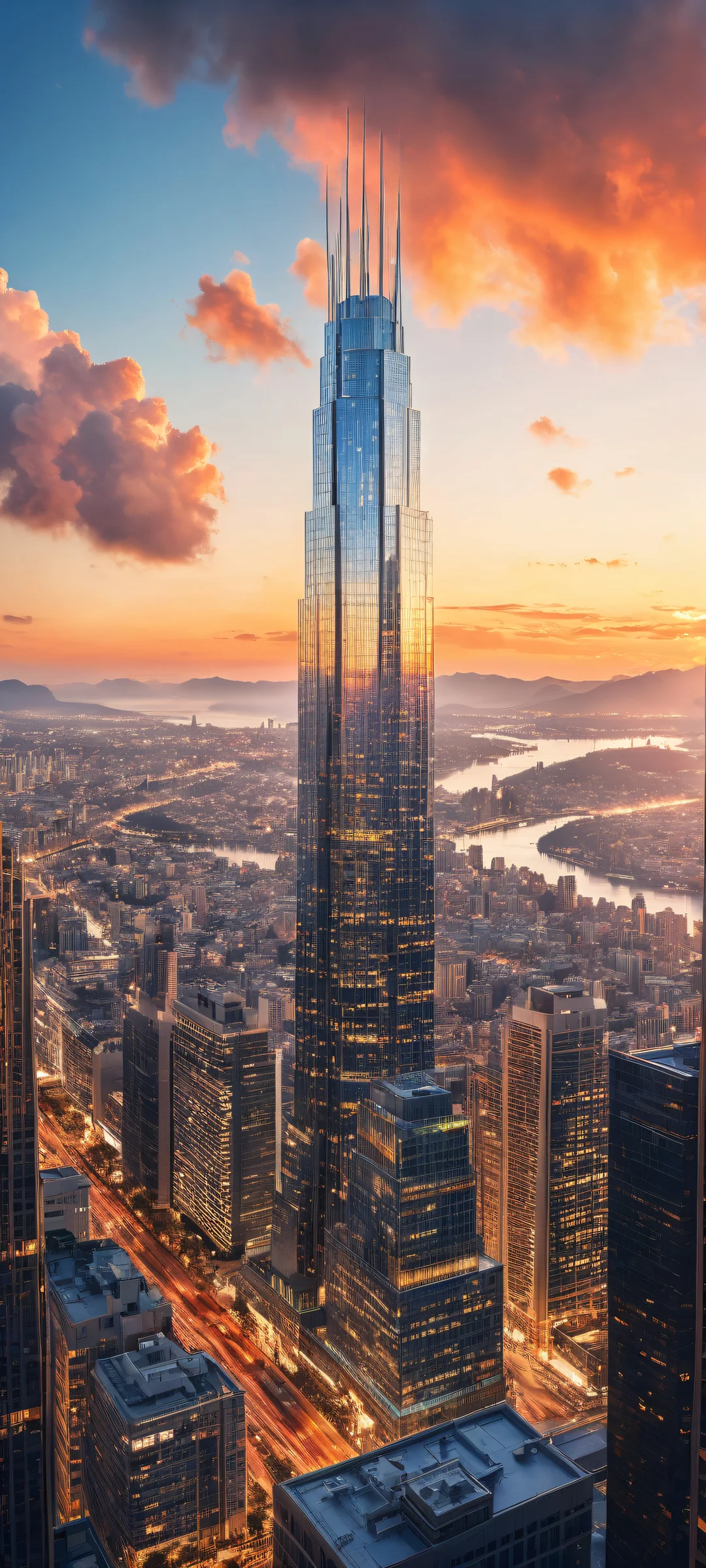 iPhone/Android wallpaper featuring a breathtaking skyscraper portrait with radiant lighting and reflections, perfect for your phone's home screen.