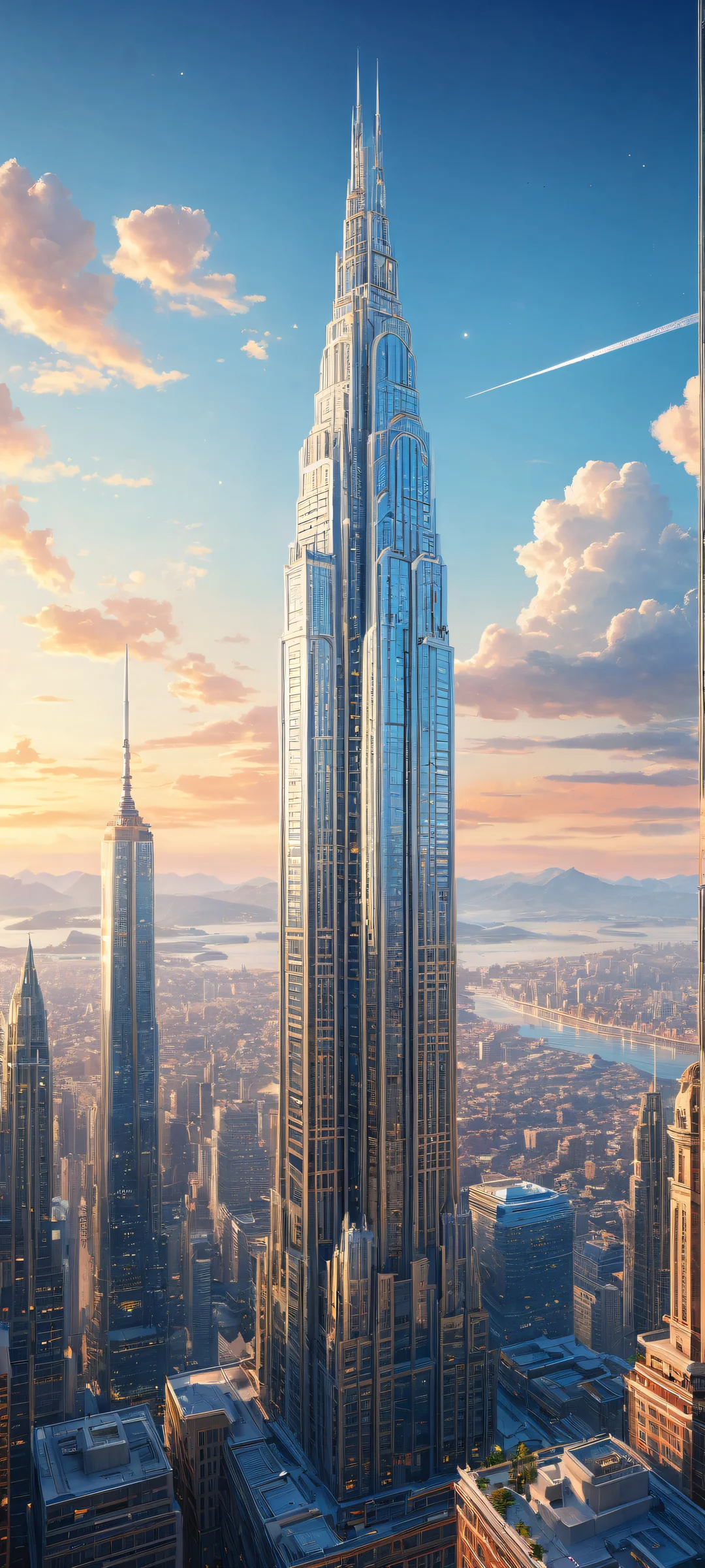 A majestic iPhone/Android wallpaper featuring a breathtaking vertical portrait artwork of a skyscraper with intricate micro-details, perfectly optimized for your home screen.