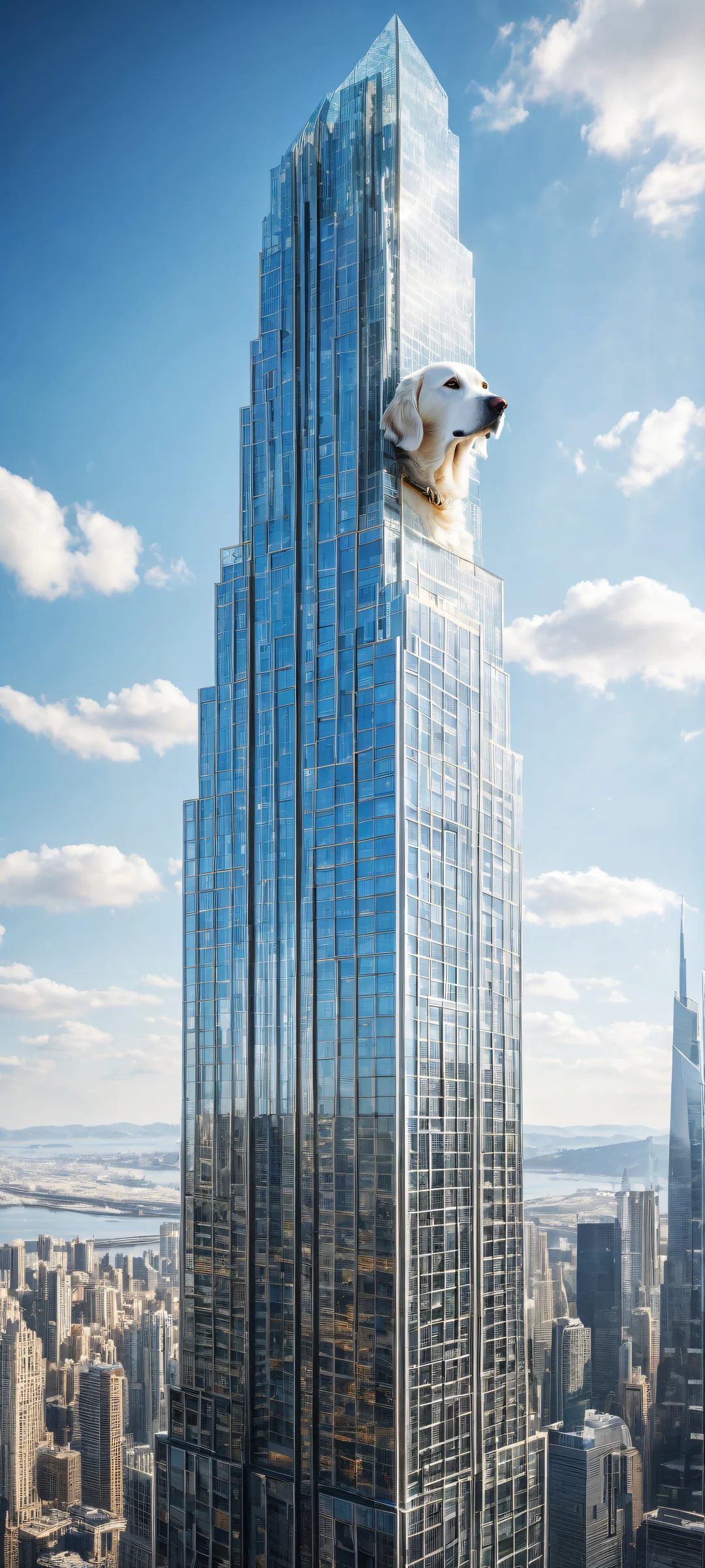 A majestic skyscraper with a Borzoi hound's head forming the top half, perfectly clean and empty top half with vast pure void, contrasting with the bustling cityscape below. iPhone/Android wallpaper with exquisite attention to texture and scale.