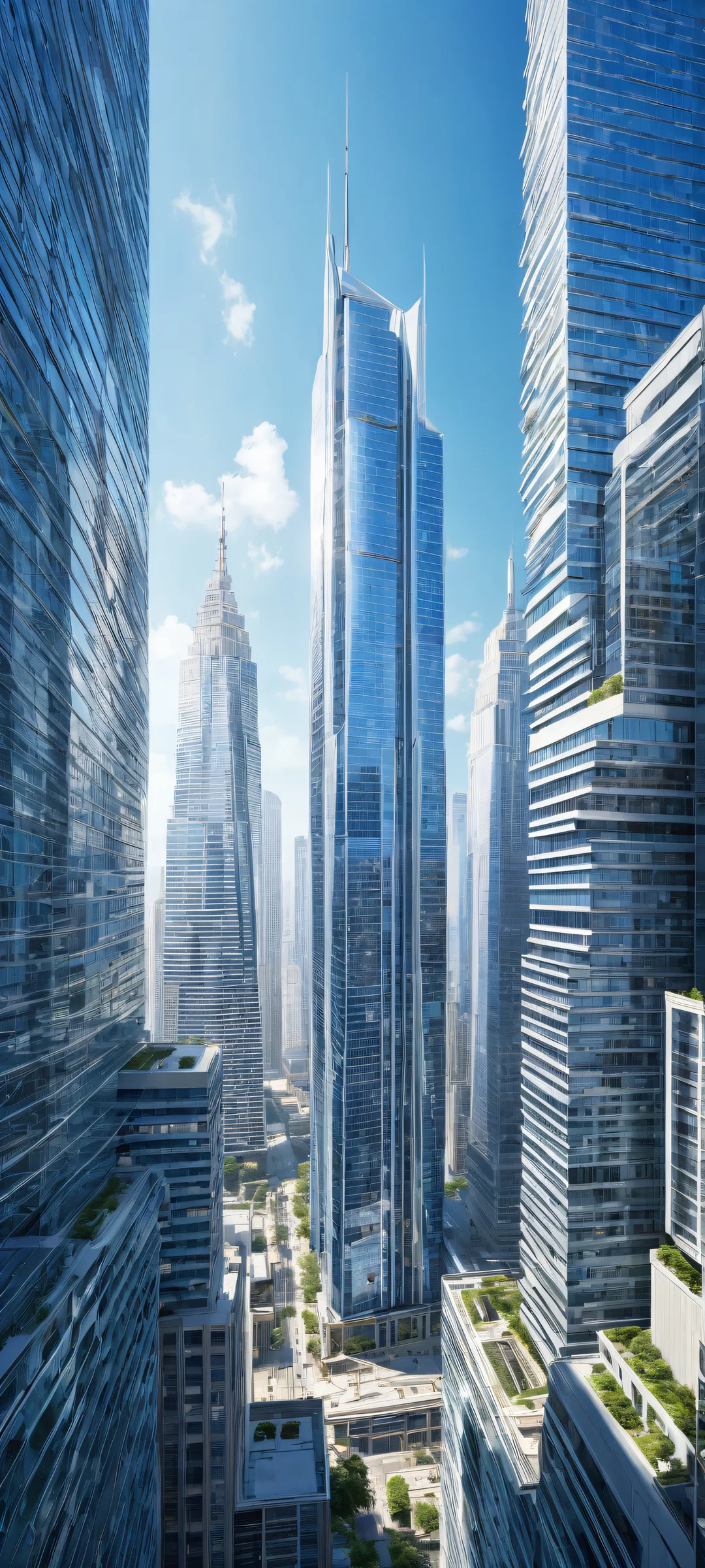 A stunning vertical portrait of skyscrapers for iPhone/Android, with intricate micro-details and ethereal lighting, perfect for your phone's home screen.