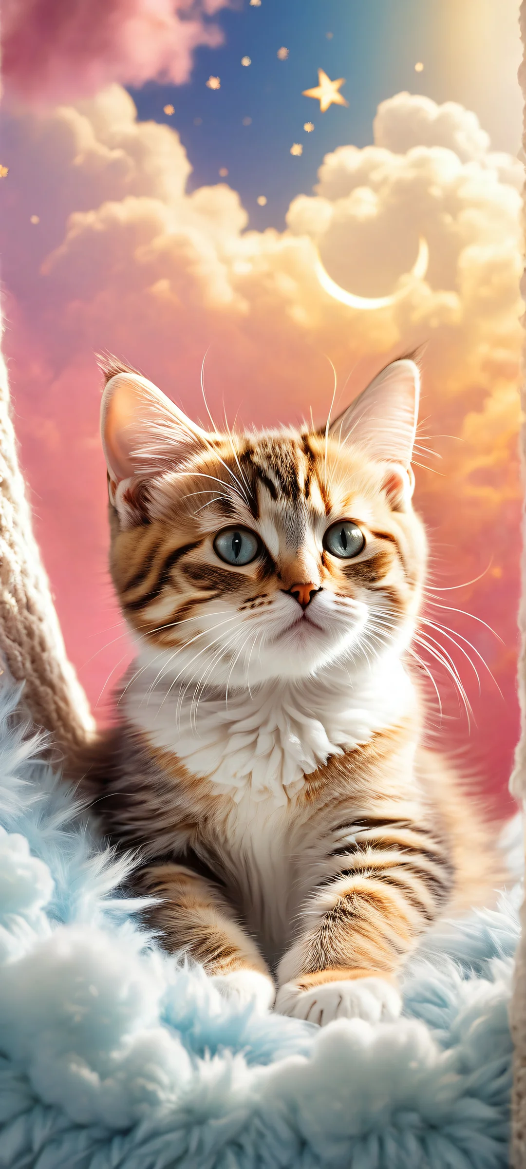 A featureless kitten snoozes in its soft fuzzy cat bed surrounded by a crescent moon, white fluffy clouds, and gold dusted shooting stars leaving trails of light behind. Perfectly optimized for iPhone and Android home screens.