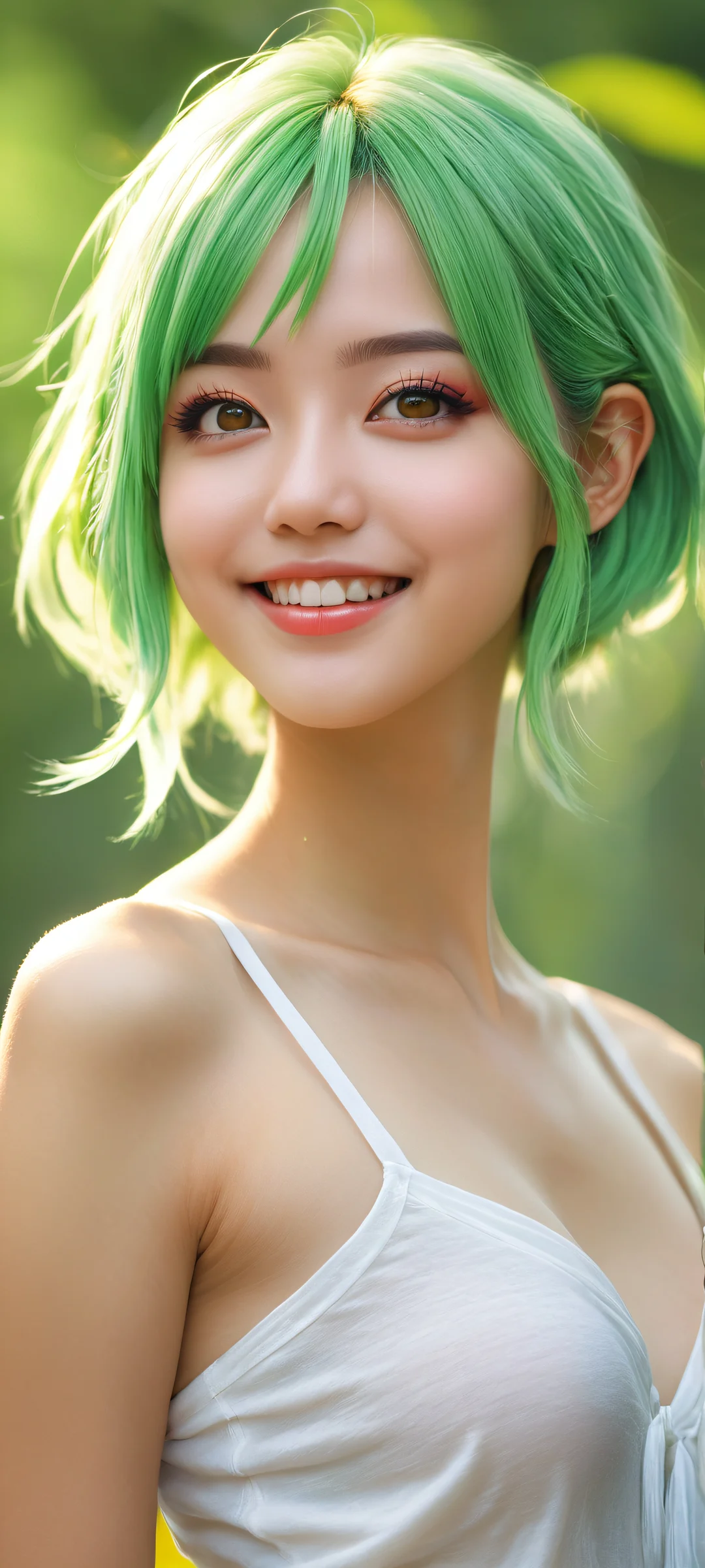 A stunning anime girl with a radiant smile on an iPhone or Android phone, surrounded by intricate green hair and painted nails. Perfectly optimized for iPhone and Samsung Galaxy home screens.