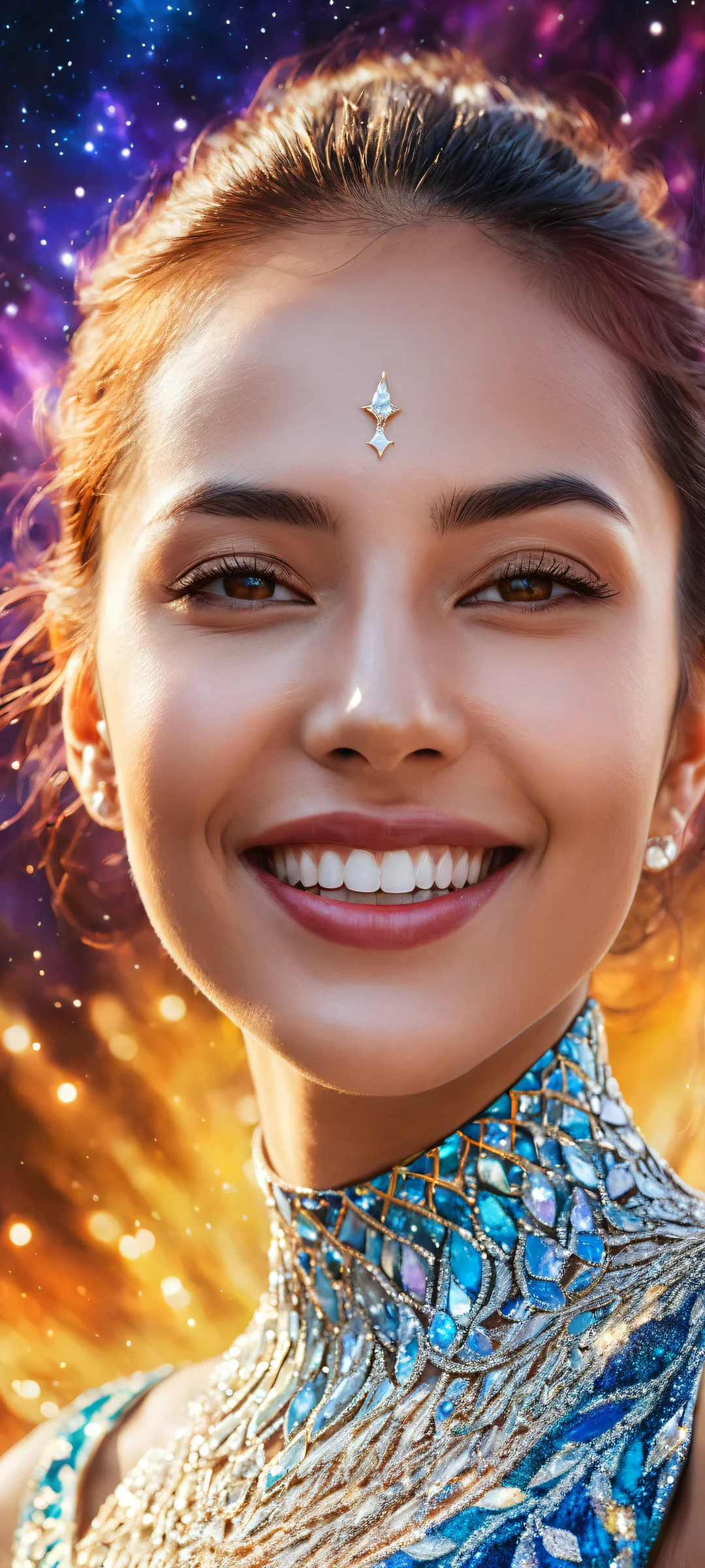 Luma's breathtaking portrait artwork with vibrant stars in her mouth, perfect for iPhone/Android home screens.