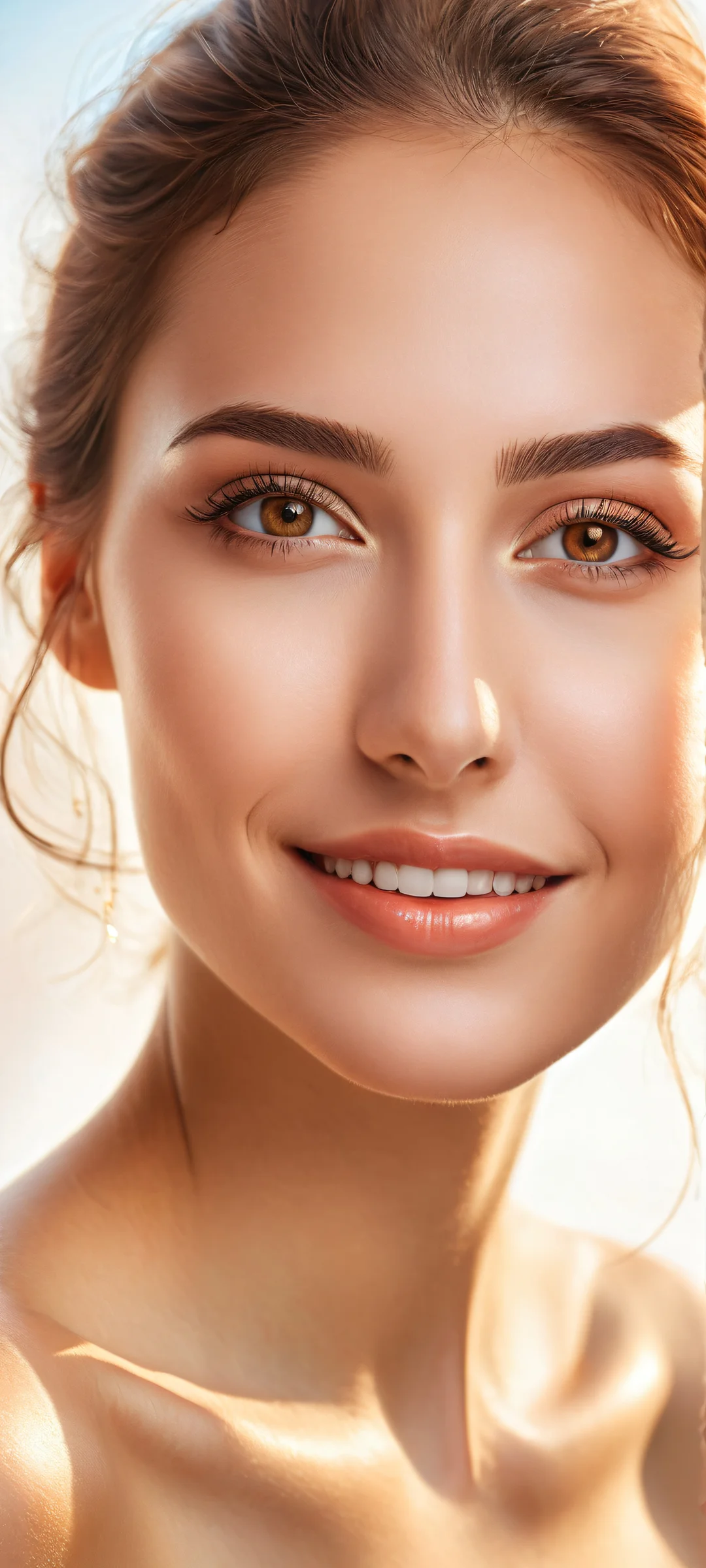 A captivating woman with long eyelashes and a stunning smile, perfekt optimiert für iPhone/Android-Startbildschirme.