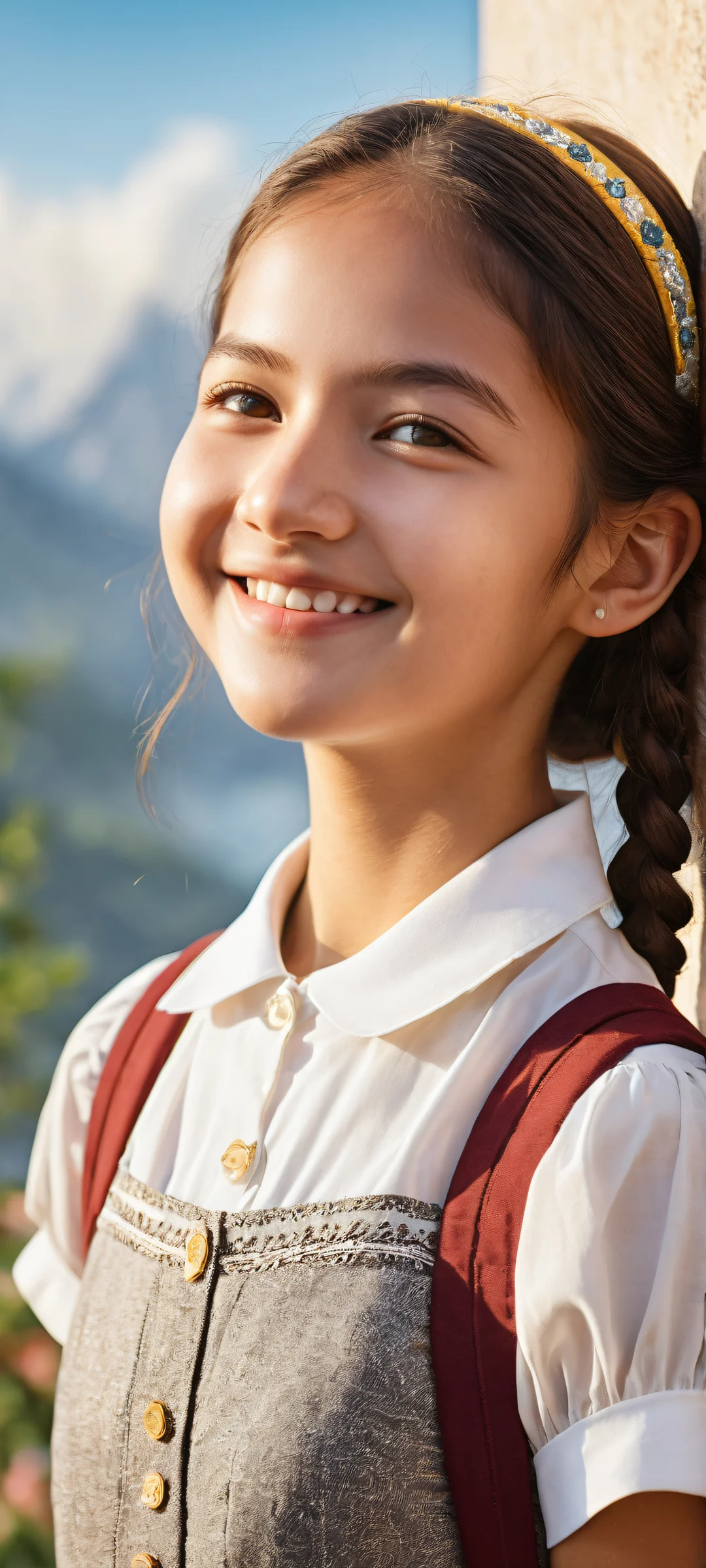 A smiling schoolgirl with intricate details on her hair band and dress, iPhone/Androidのホーム画面に完全に最適化.