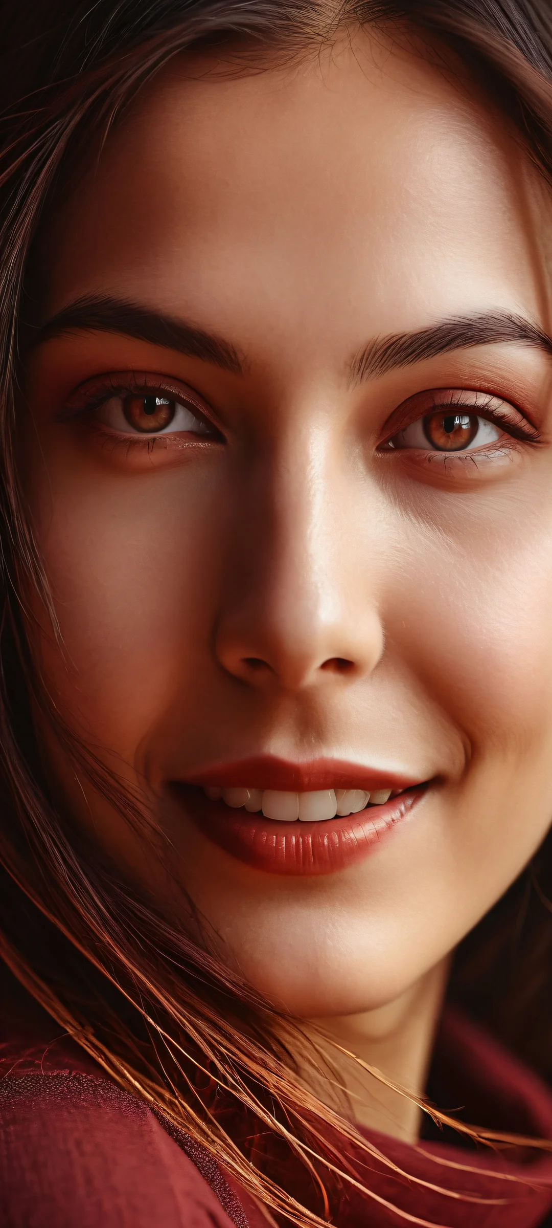 Mysterious smile on a maroon background with abstract shapes and textures. Perfekt optimiert für iPhone/Android-Startbildschirme.