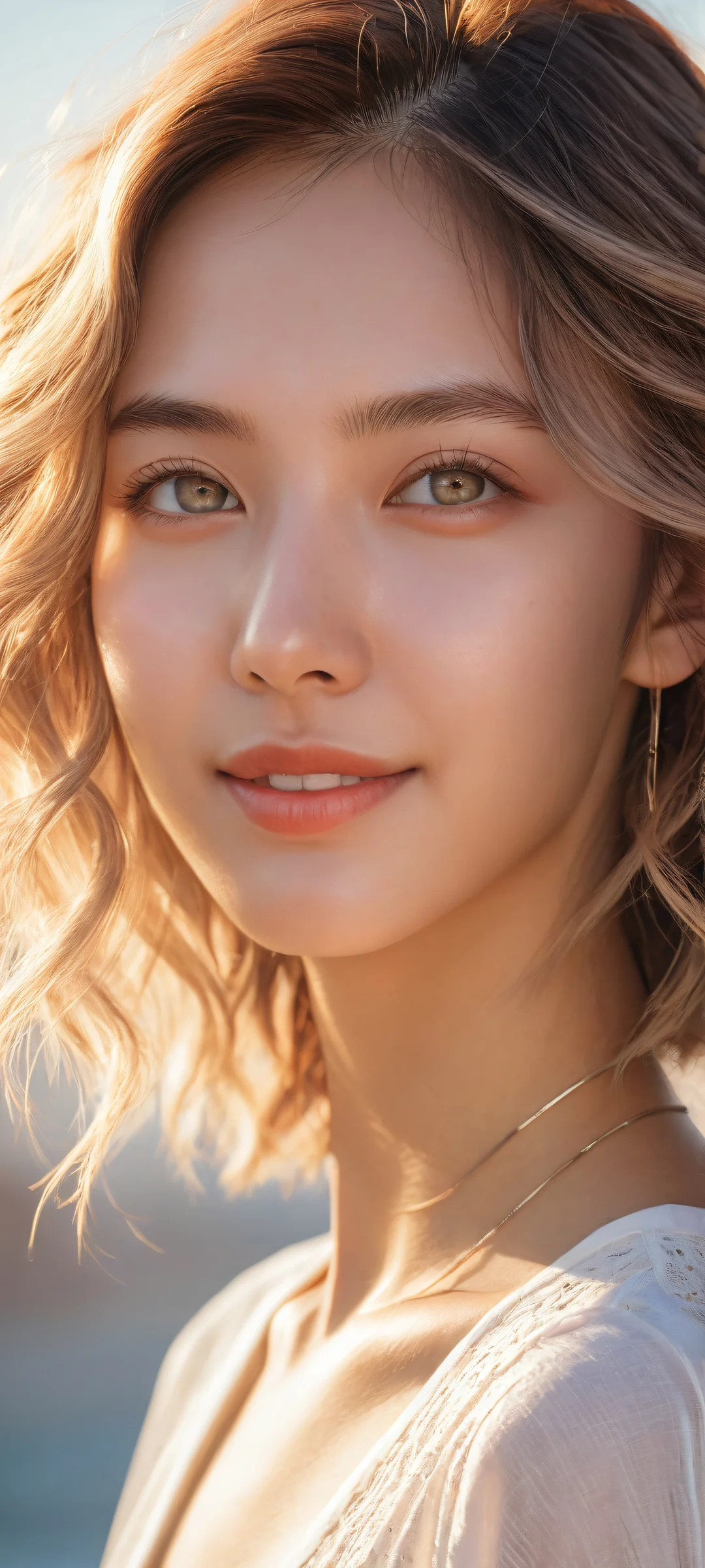 A beautiful girl with a gentle smile and subtle eye movements, surrounded by soft hair strands on an iPhone or Android home screen.