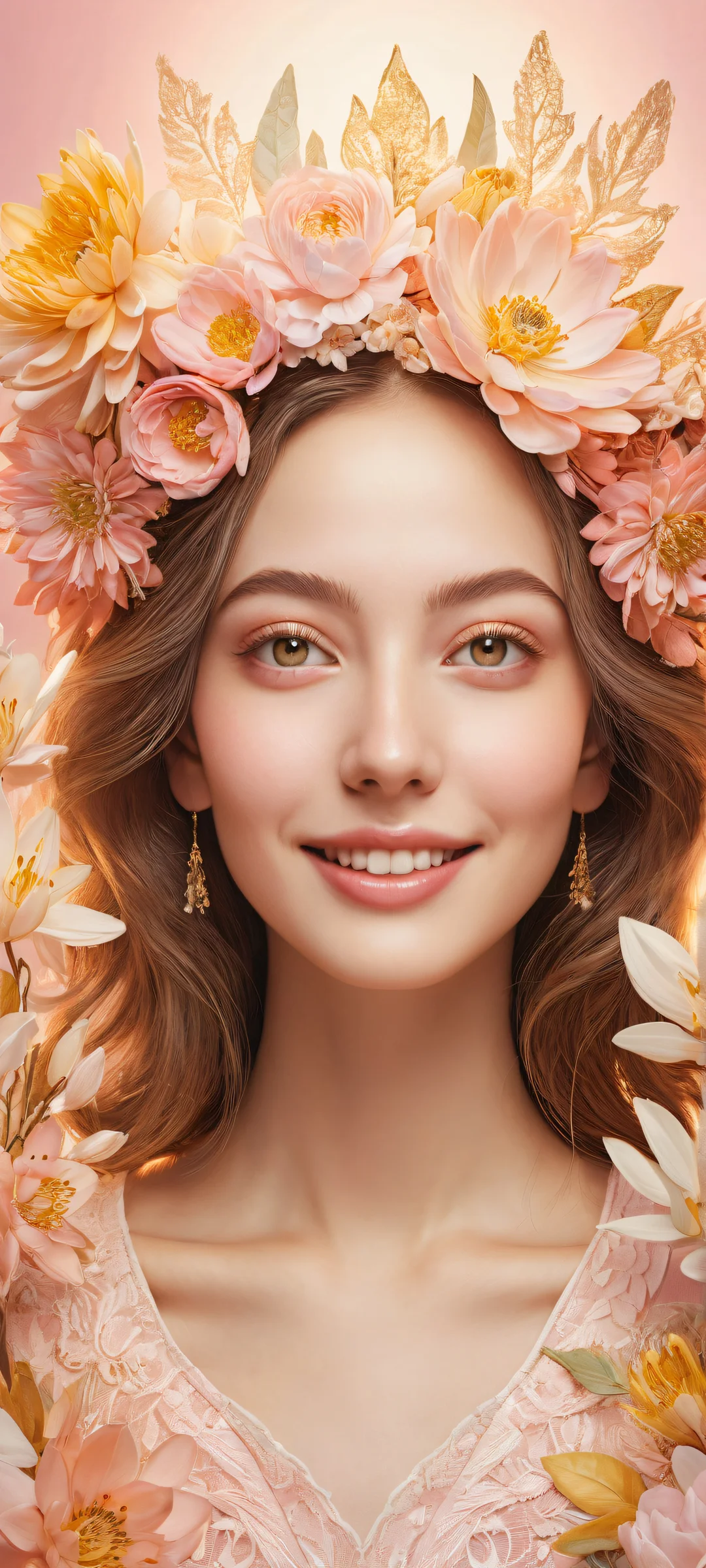 A whimsical illustration of a girl with a radiant smile amidst an elaborate floral arrangement, perfekt optimiert für iPhone- und Android-Startbildschirme.