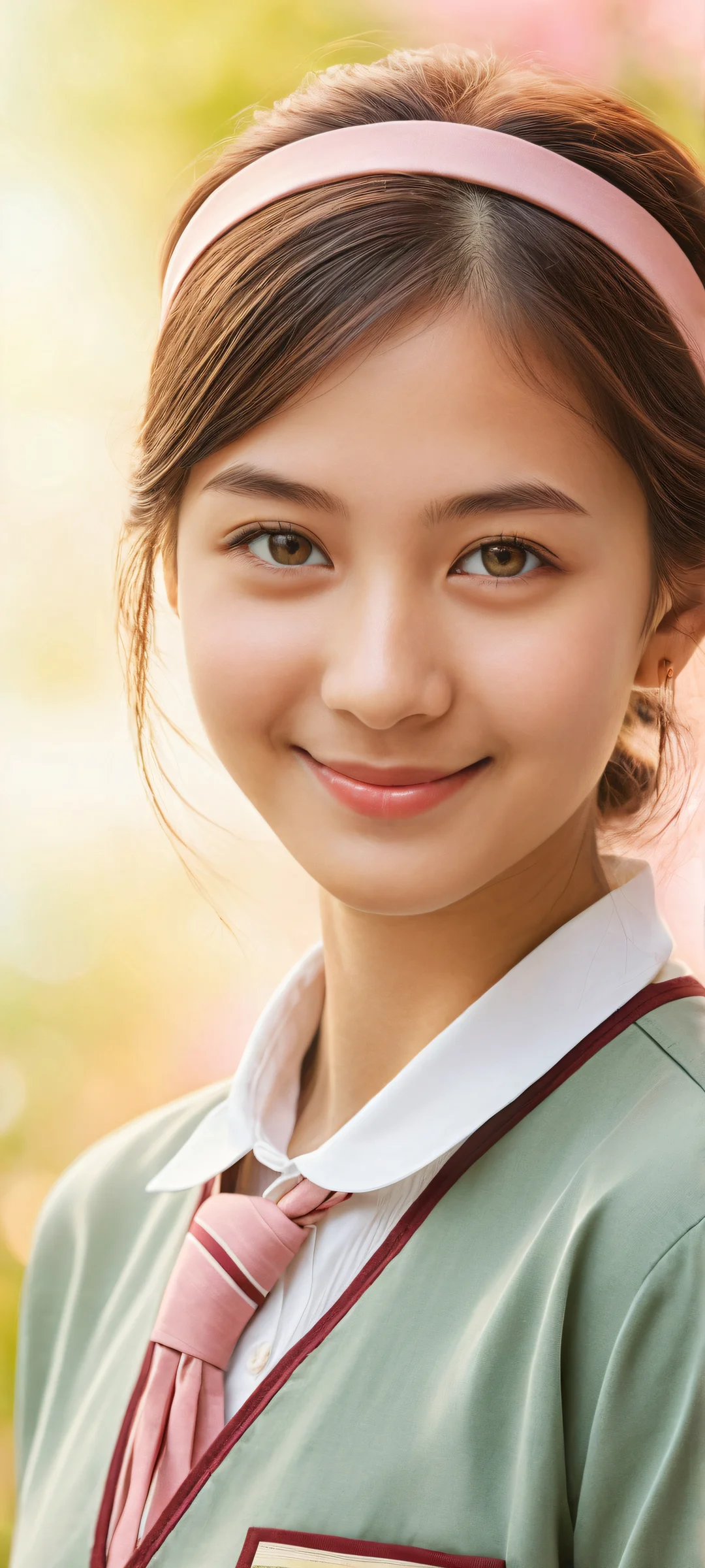 A beautiful young girl with a warm smile on her iPhone or Android device's home screen, amidst an empty and peaceful background.