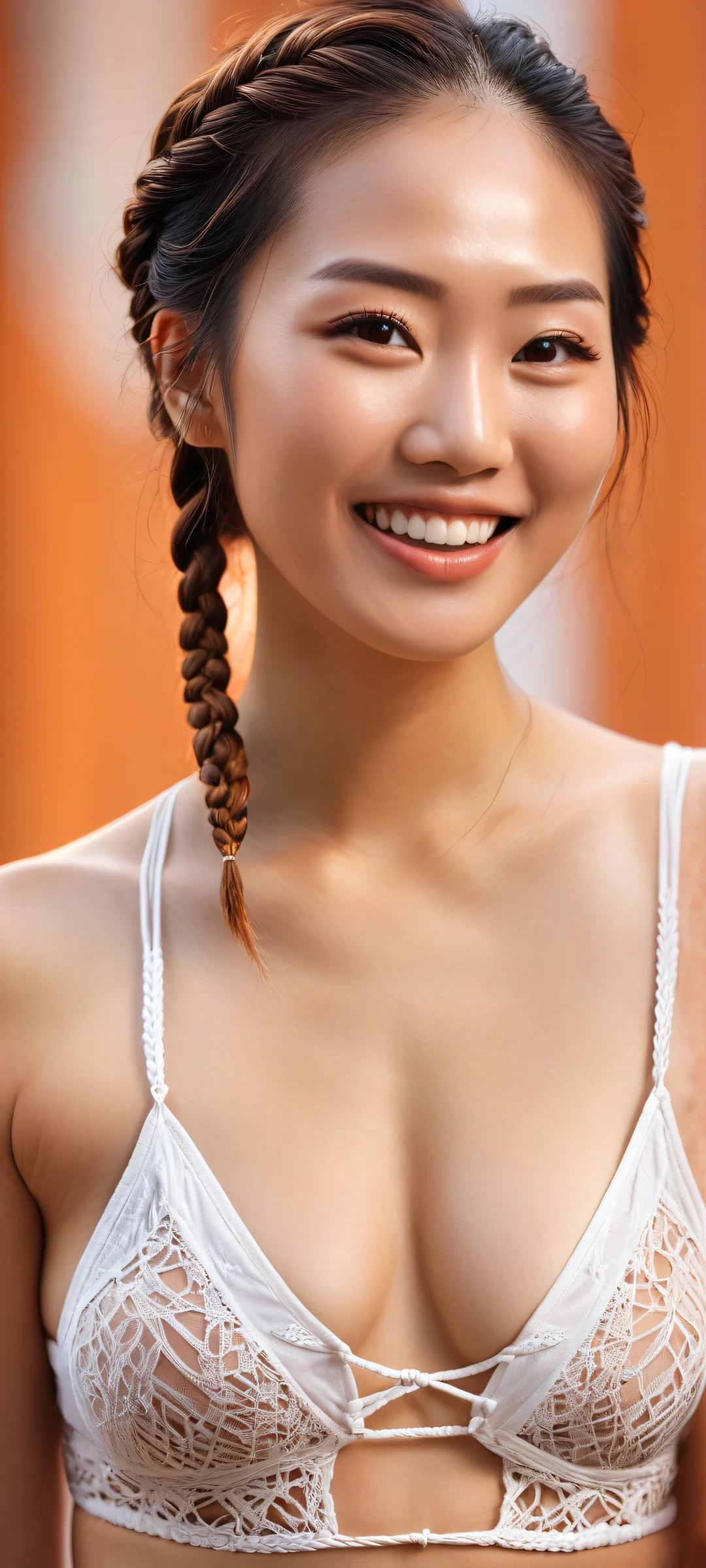 A beautiful Asian woman with intricate braids and a radiant smile on her iPhone/Android home screen.