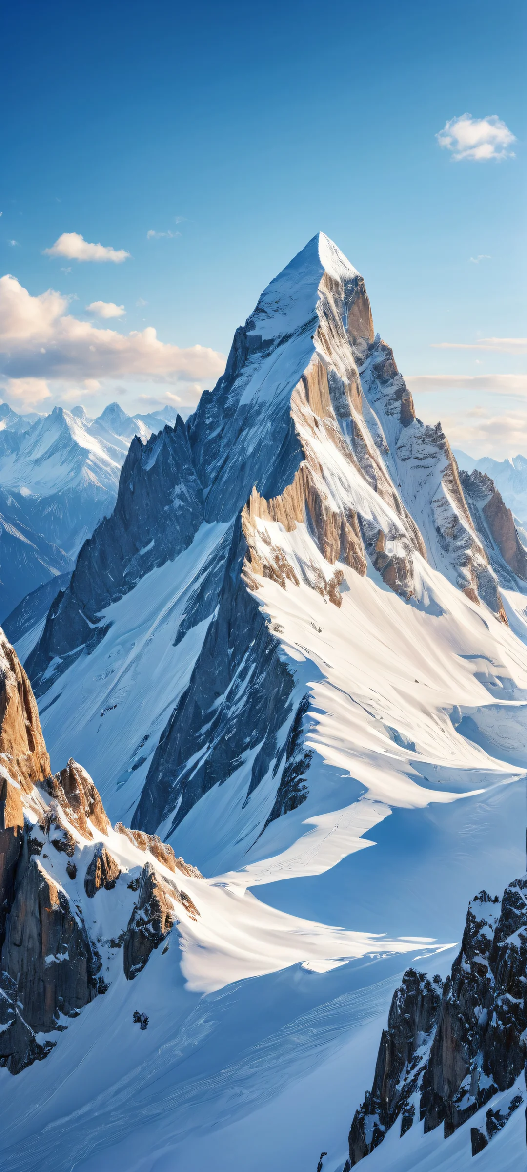 Breathtaking winter landscape featuring snow-capped mountain peaks and rock formations for iPhone/Android home screens.