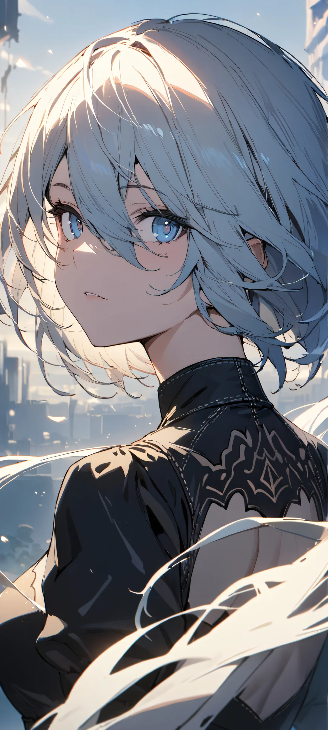 Ethereal Solace iPhone & Samsung QHD-Hintergrundbildperfekt optimiert für iPhone- und Android-Startbildschirme A young woman gazes out at the viewer from a serene, pale blue-hued background, perfectly optimized for iPhone and Android home screens.