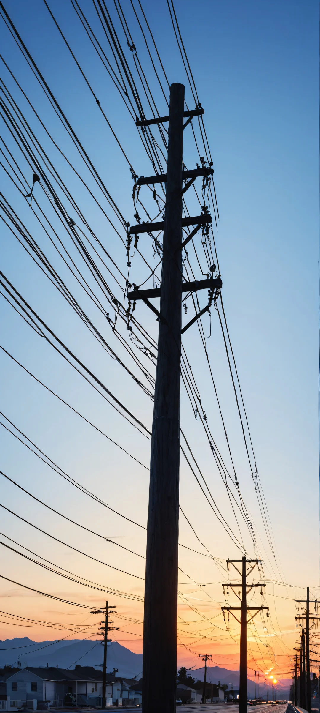 Ethereal Solace iPhone & Android Wallpaper iPhone/Android users will appreciate the breathtaking utility pole artwork against a serene blue sky with intricate micro-details, perfectly optimized for seamless UI integration.