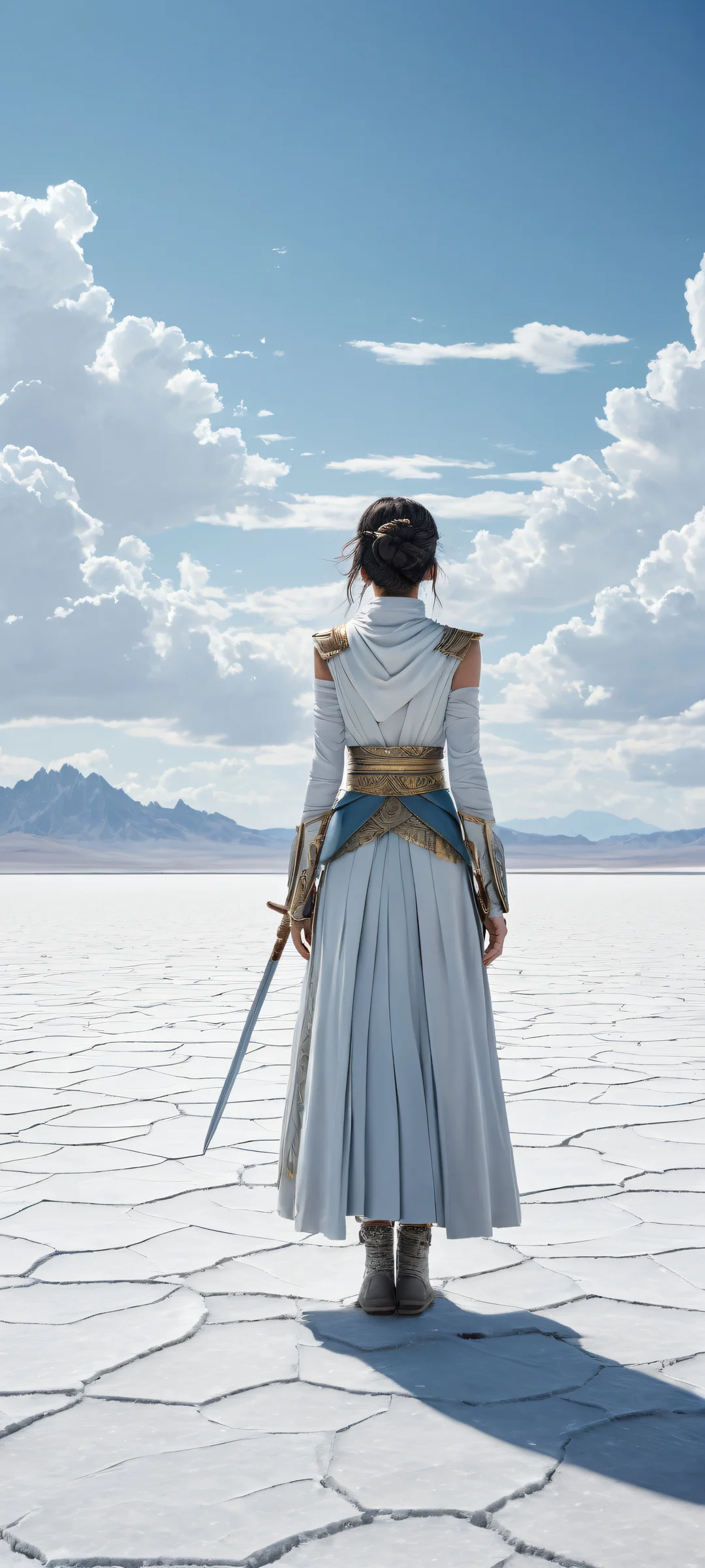 A lone anime-inspired figure stands against a desolate salt flats backdrop, perfectly suited for iPhone/Android home screens.