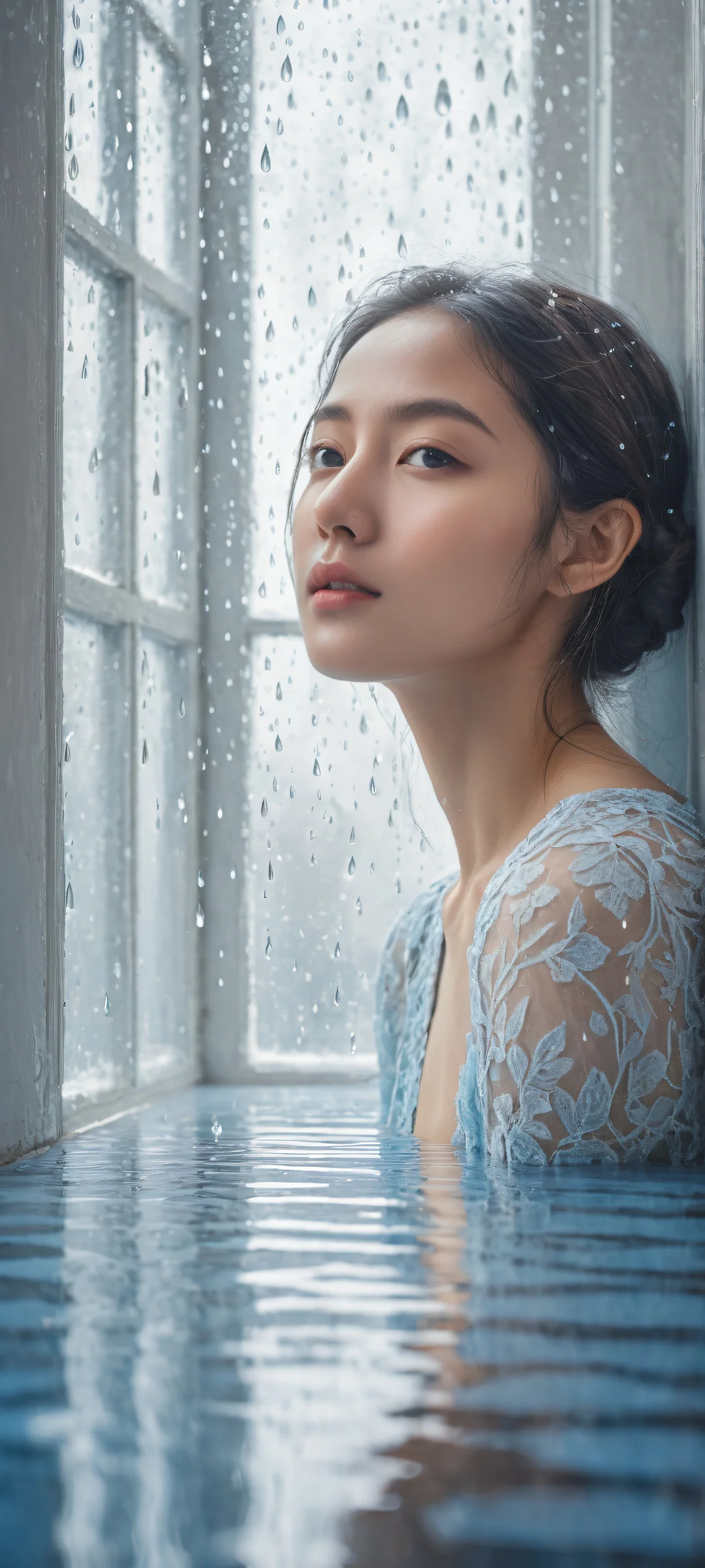 A contemplative Ditto awaits its trainer's return amidst a rainy evening scene with iPhone/Android-compatible digital watercolor art.