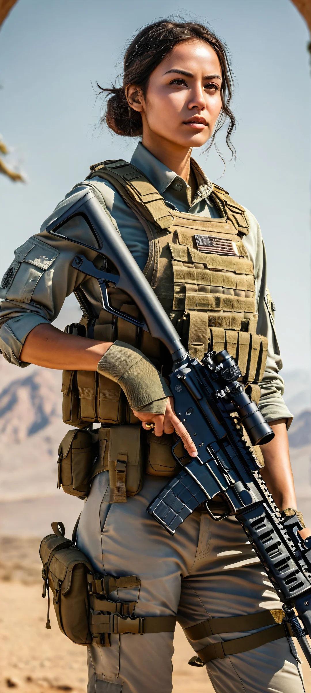 A stunning portrait of a soldier surrounded by military gear on iPhone/Android