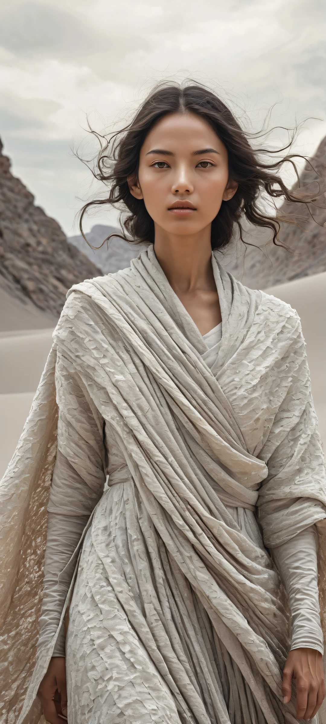 A figure stands in an open barren land, perfectly clean and empty top half with vast pure void. iPhone/Android.