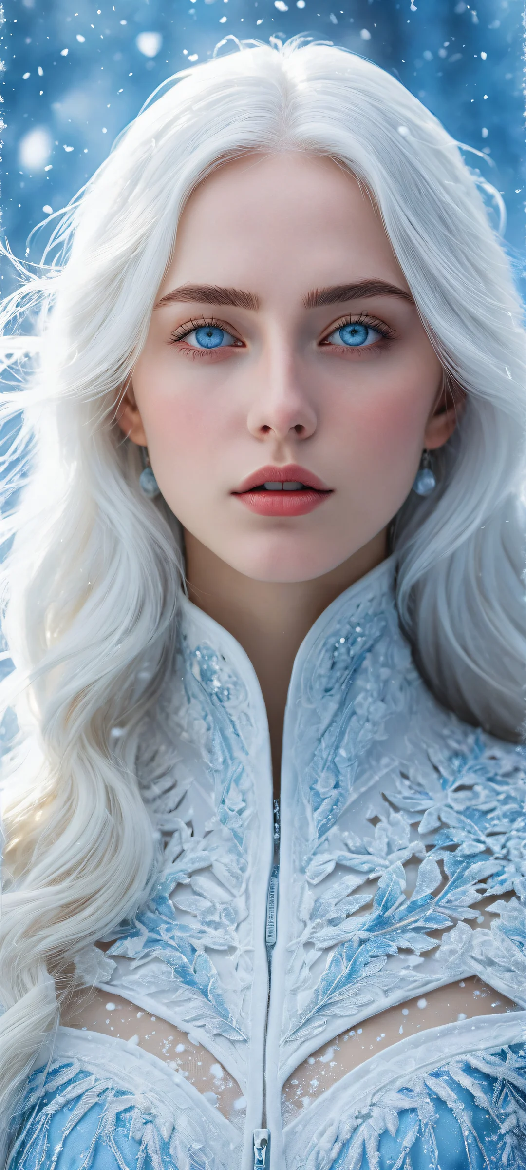 A stunning portrait of a girl with white hair and blue eyes standing in the snow, perfectly optimized for iPhone/Android home screens.